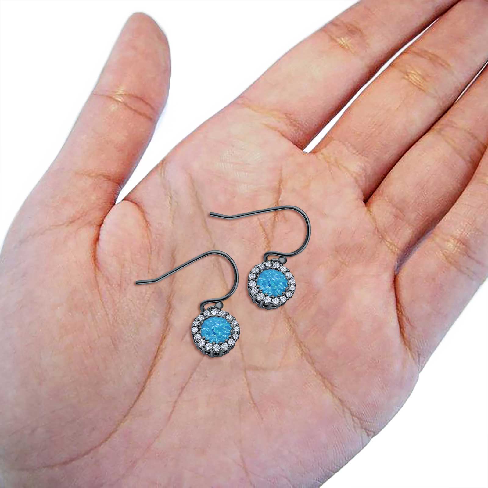 Halo Dangle Fish-Hook Earrings Lab Opal Round 925 Sterling Silver (21mm)