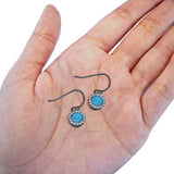 Halo Dangle Fish-Hook Earrings Lab Opal Round 925 Sterling Silver (21mm)