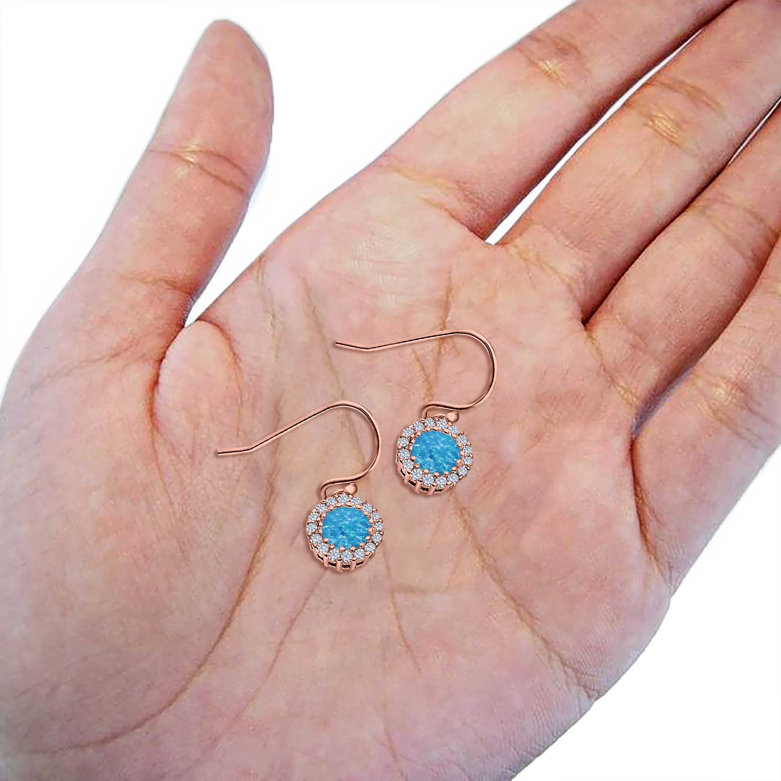 Halo Dangle Fish-Hook Earrings Lab Opal Round 925 Sterling Silver (21mm)