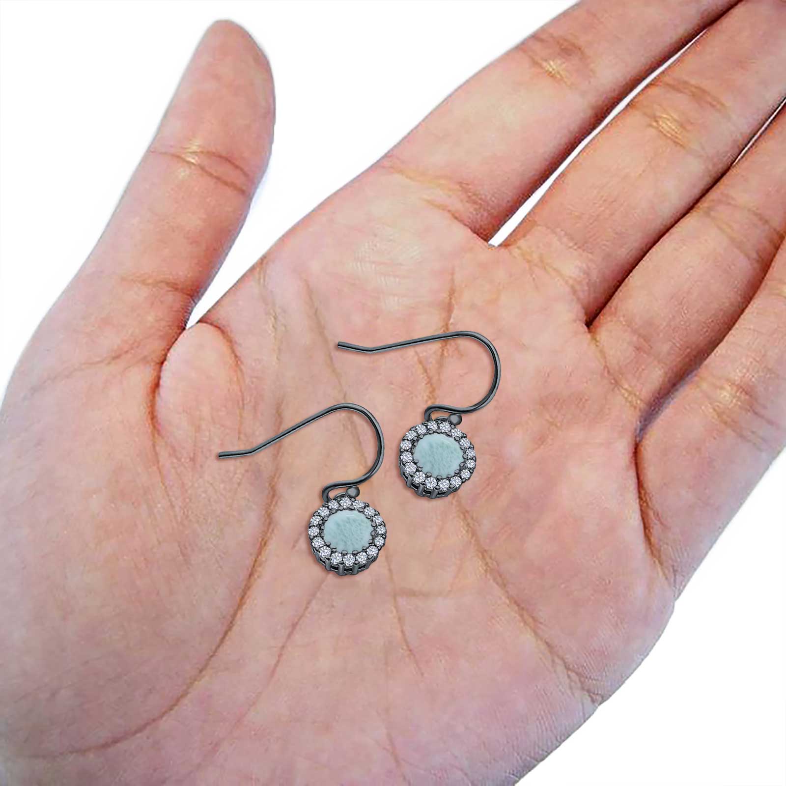 Halo Dangle Fish-Hook Earrings Lab Opal Round 925 Sterling Silver (21mm)