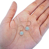 Halo Dangle Fish-Hook Earrings Lab Opal Round 925 Sterling Silver (21mm)