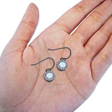 Halo Dangle Fish-Hook Earrings Lab Opal Round 925 Sterling Silver (21mm)