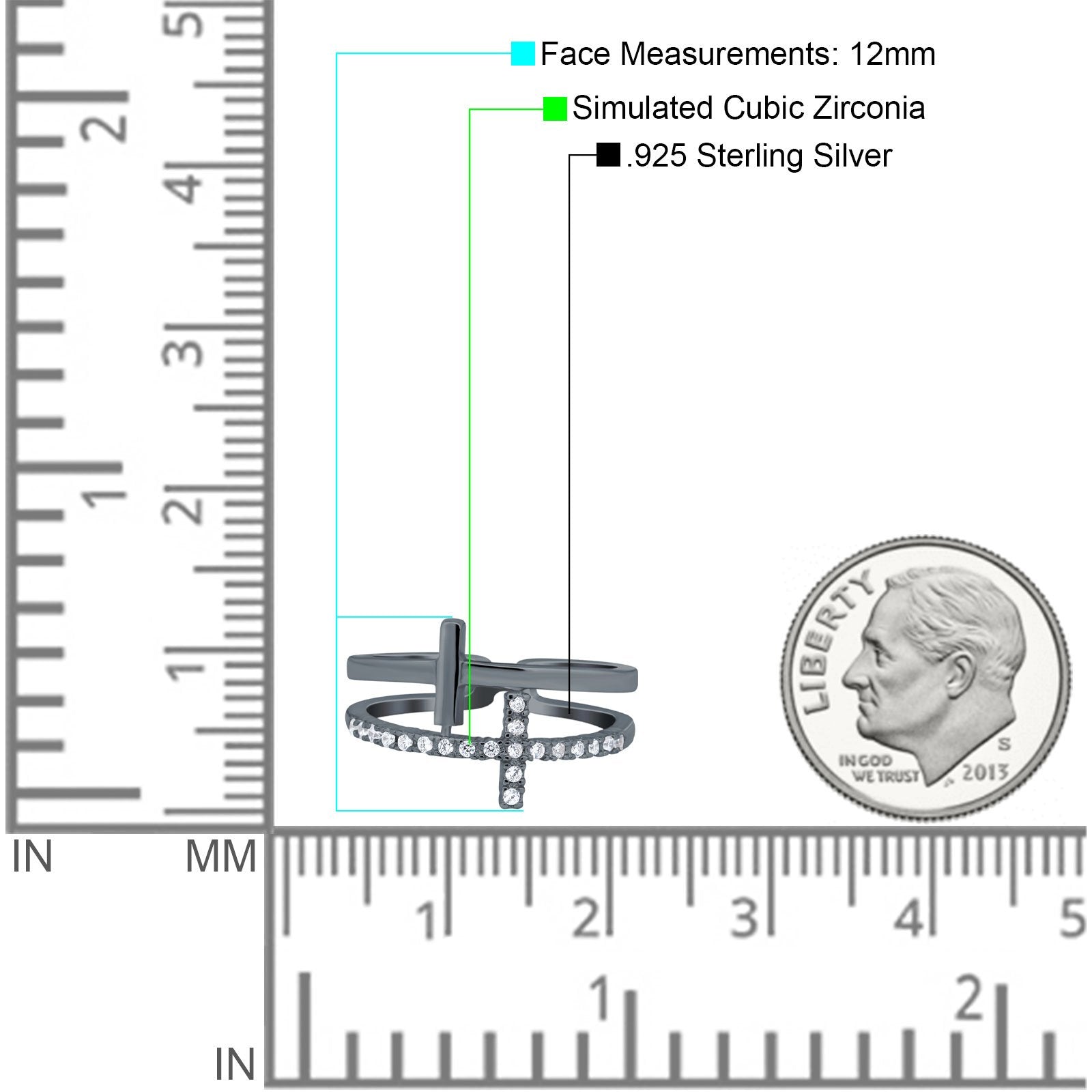 Sideways Cross Ring Round Simulated Cubic Zirconia 925 Sterling Silver