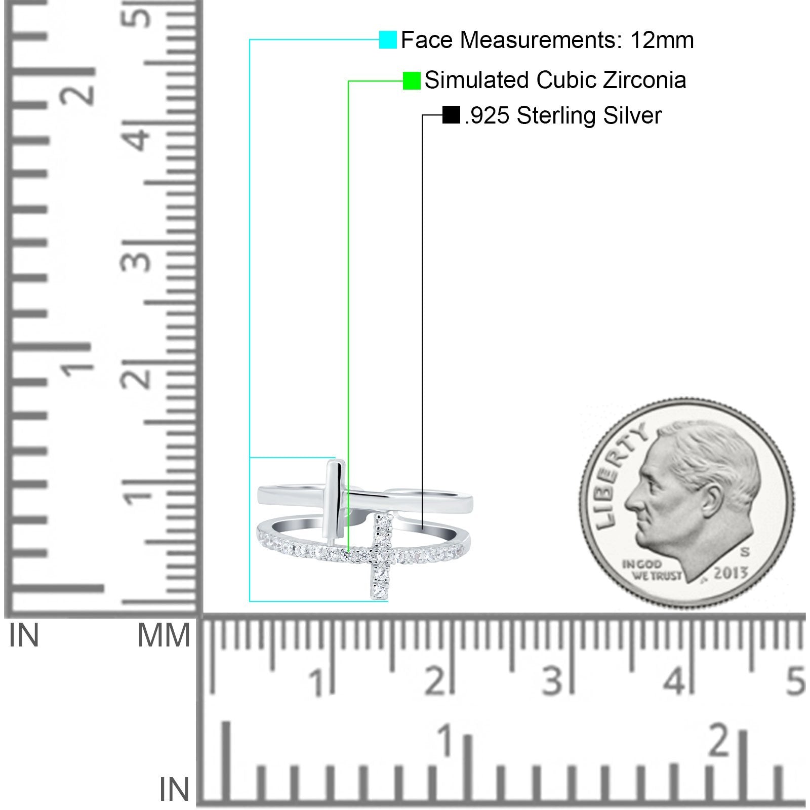 Sideways Cross Ring Round Simulated Cubic Zirconia 925 Sterling Silver