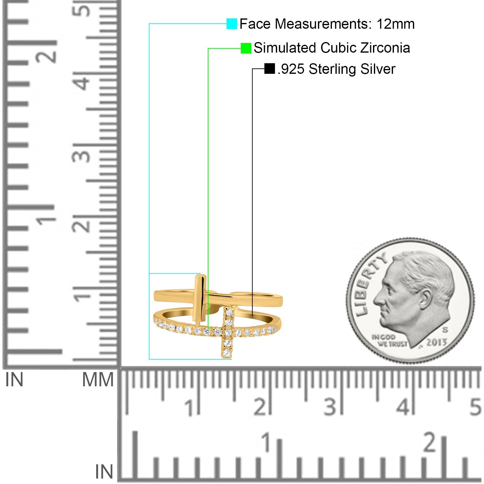 Sideways Cross Ring Round Simulated Cubic Zirconia 925 Sterling Silver