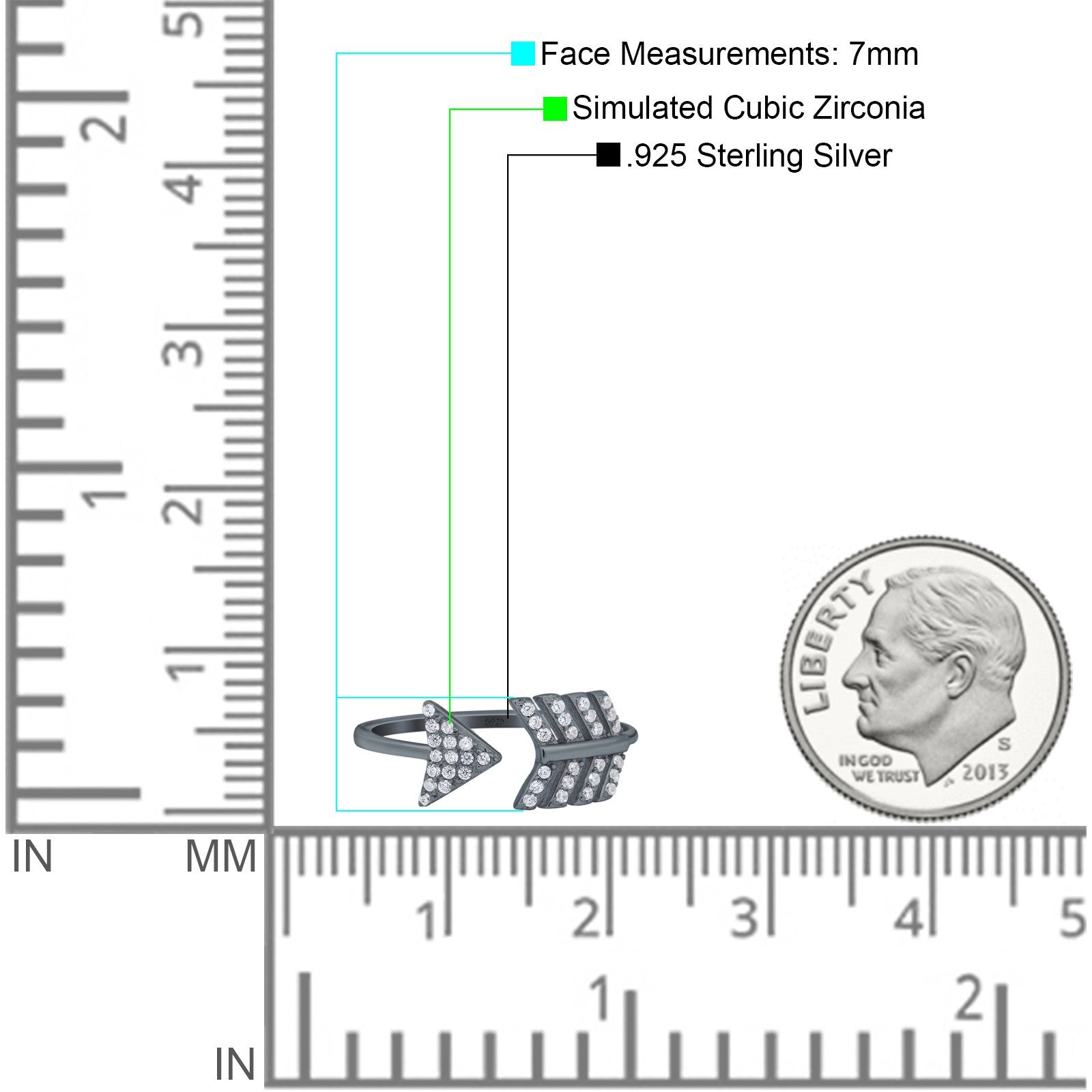 Petite Dainty Sideways Arrow Ring Round Simulated Cubic Zirconia 925 Sterling Silver