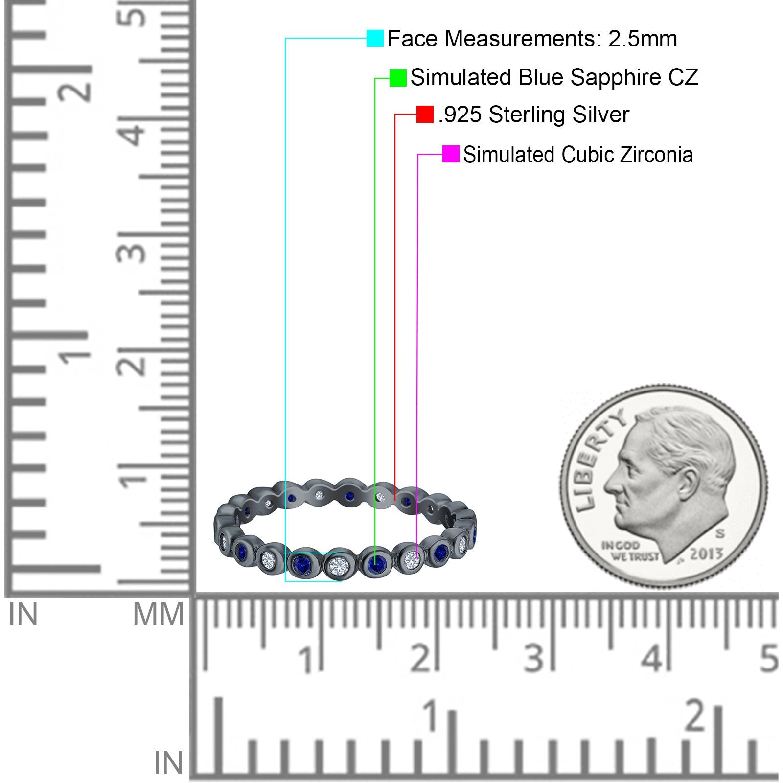 Full Eternity 2.5mm Wedding Stackable Band Ring Round Simulated Cubic Zirconia 925 Sterling Silver