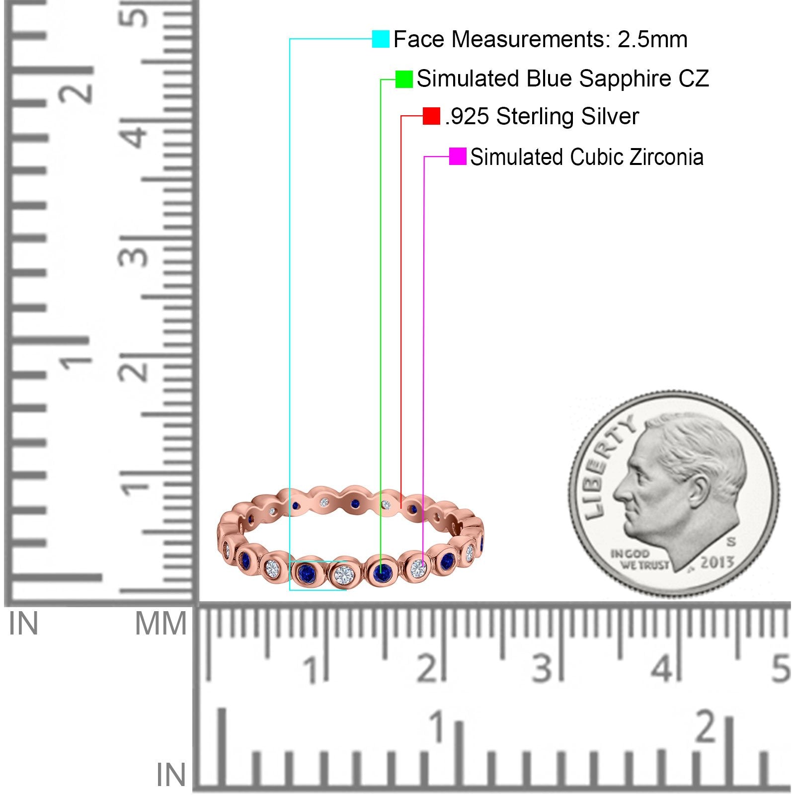 Full Eternity 2.5mm Wedding Stackable Band Ring Round Simulated Cubic Zirconia 925 Sterling Silver