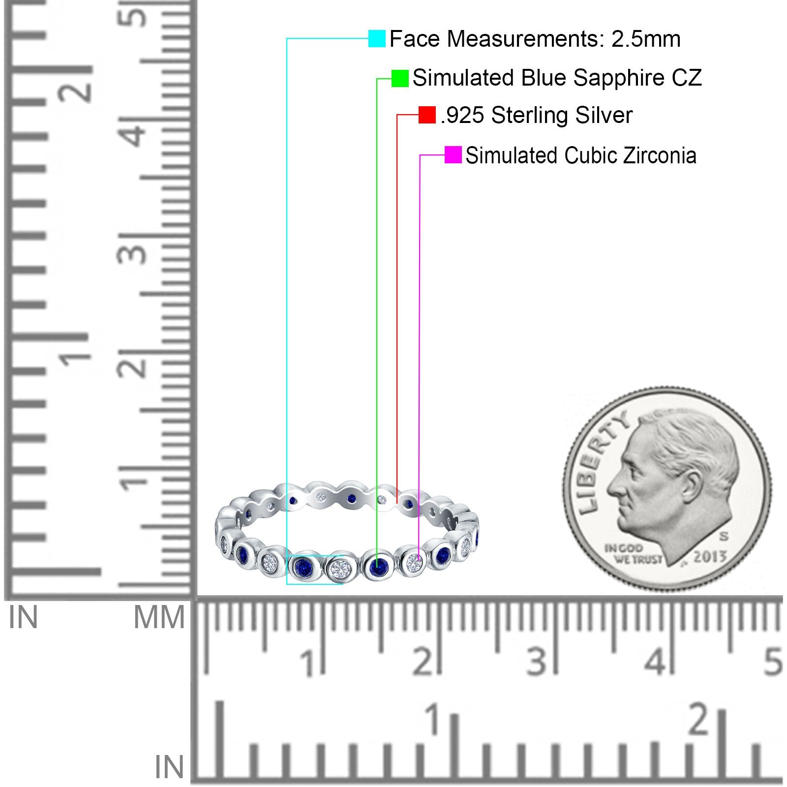 Full Eternity 2.5mm Wedding Stackable Band Ring Round Simulated Cubic Zirconia 925 Sterling Silver