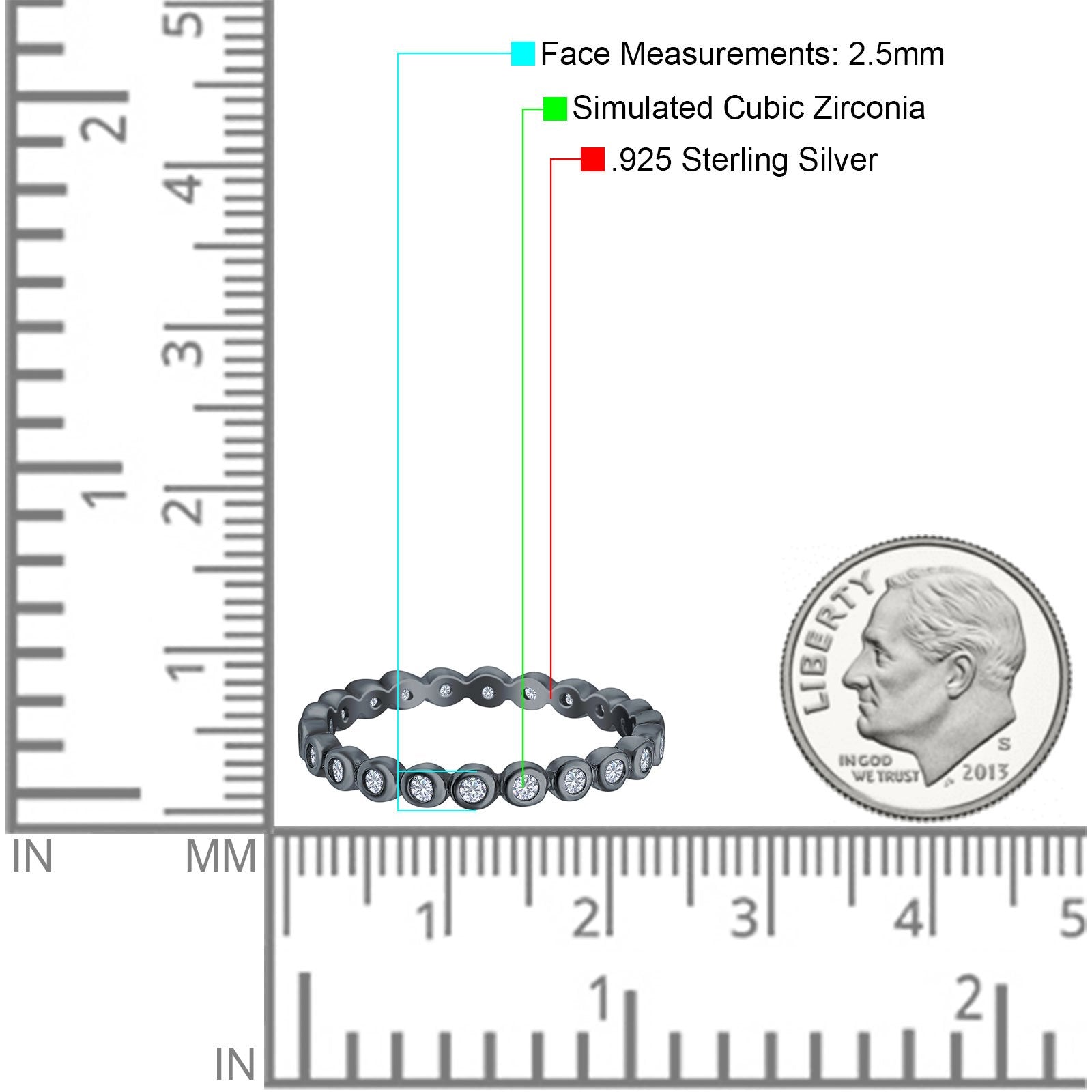 Full Eternity 2.5mm Wedding Stackable Band Ring Round Simulated Cubic Zirconia 925 Sterling Silver