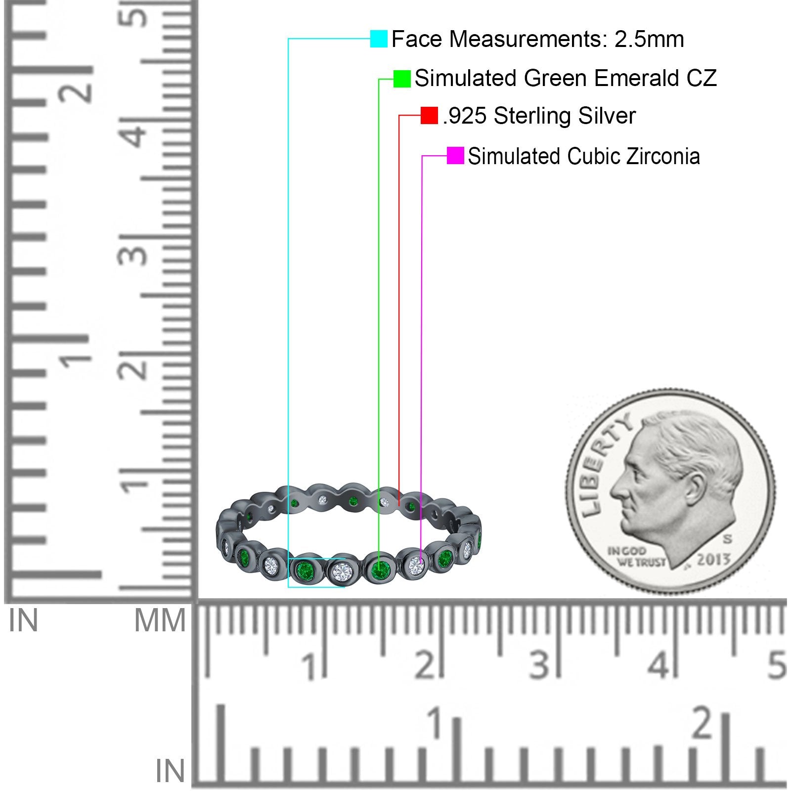 Full Eternity 2.5mm Wedding Stackable Band Ring Round Simulated Cubic Zirconia 925 Sterling Silver