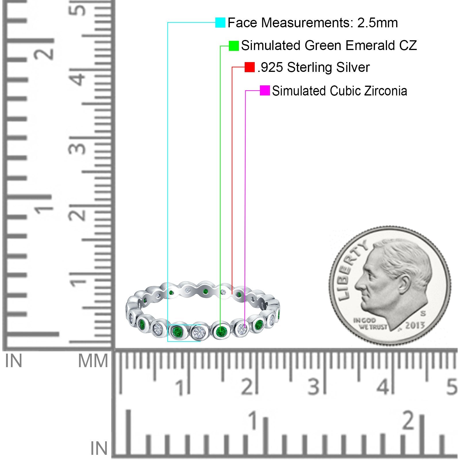 Full Eternity 2.5mm Wedding Stackable Band Ring Round Simulated Cubic Zirconia 925 Sterling Silver