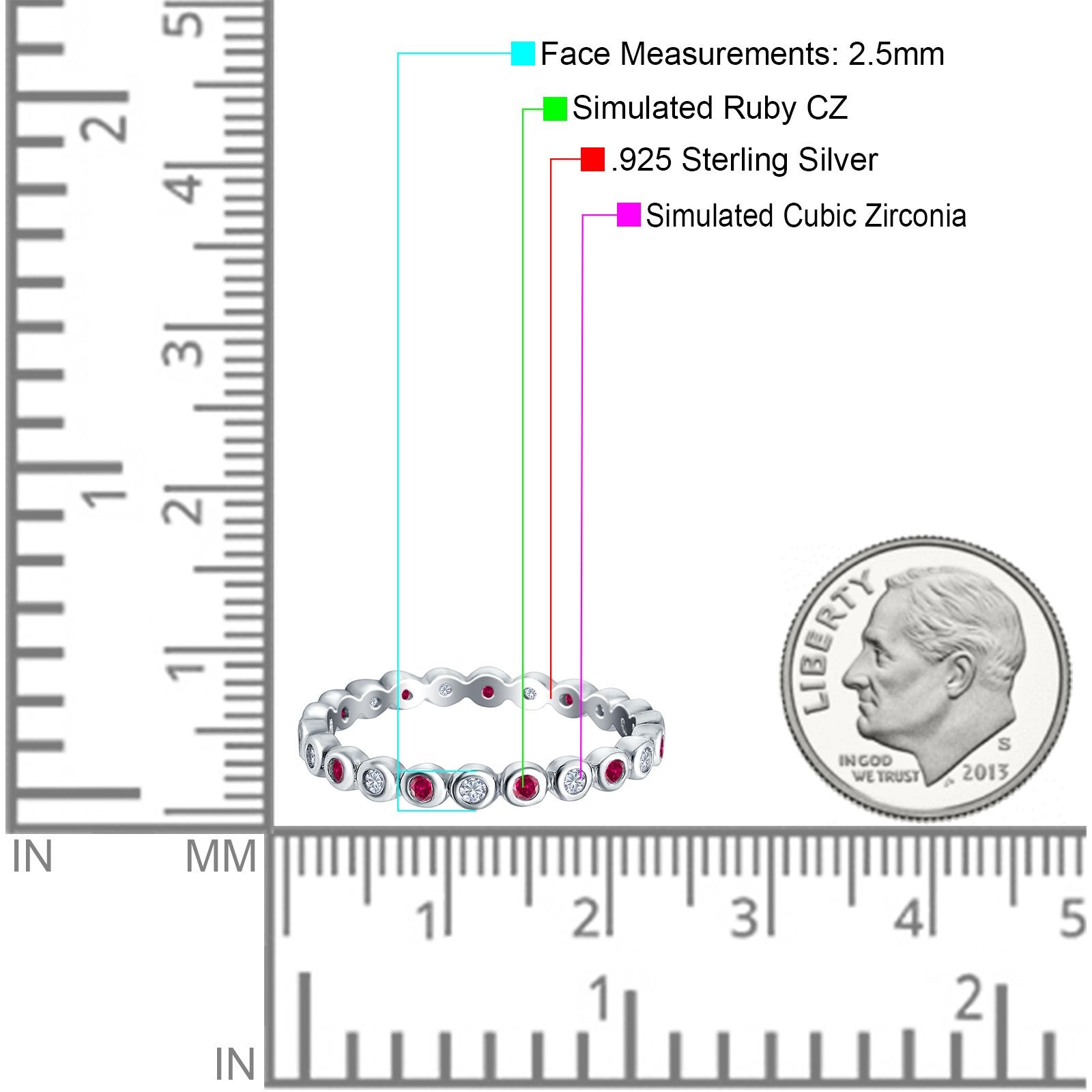 Full Eternity 2.5mm Wedding Stackable Band Ring Round Simulated Cubic Zirconia 925 Sterling Silver