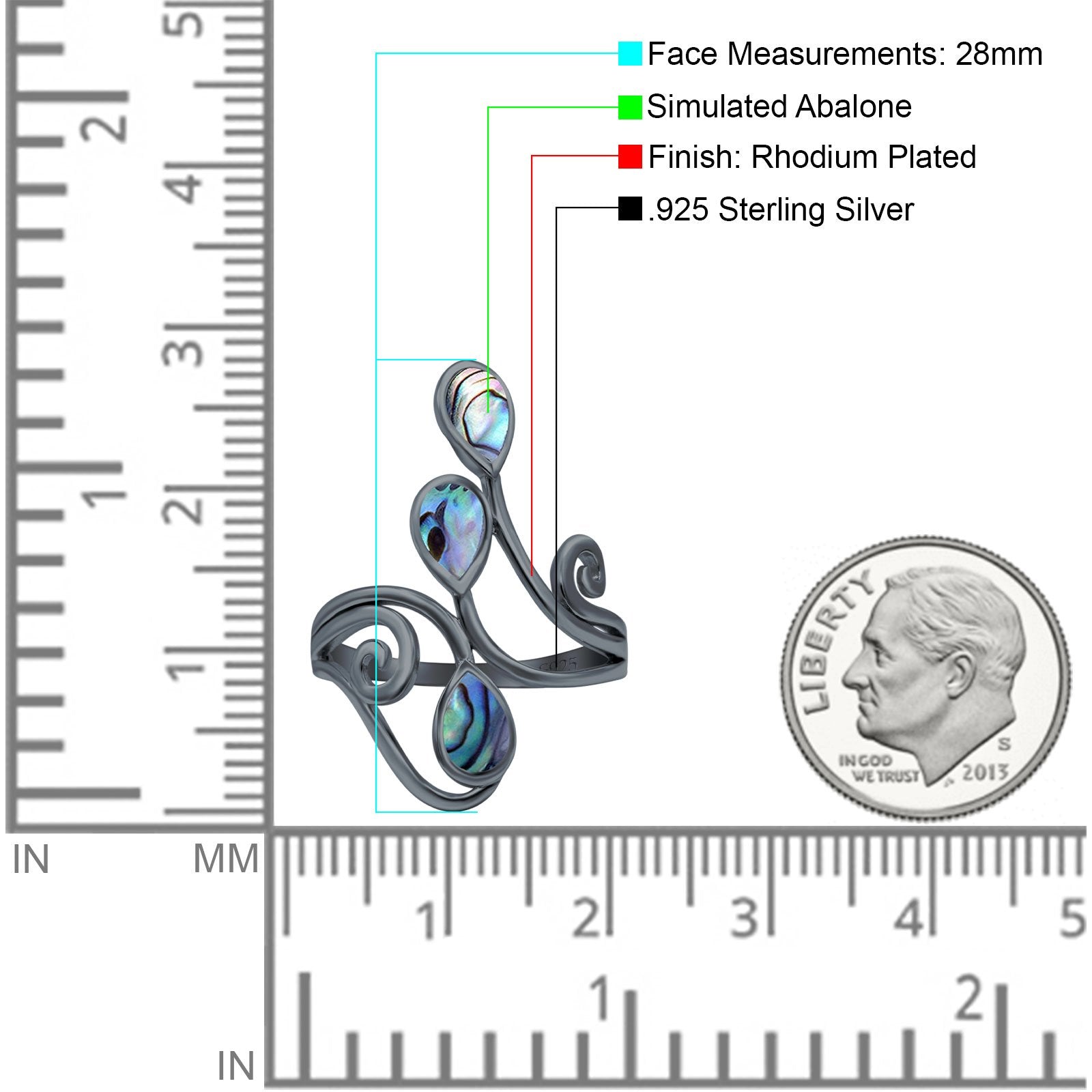 Fashion Teardrop Pear Swirl Spiral Ring Rhodium Plated Created Opal 925 Sterling Silver