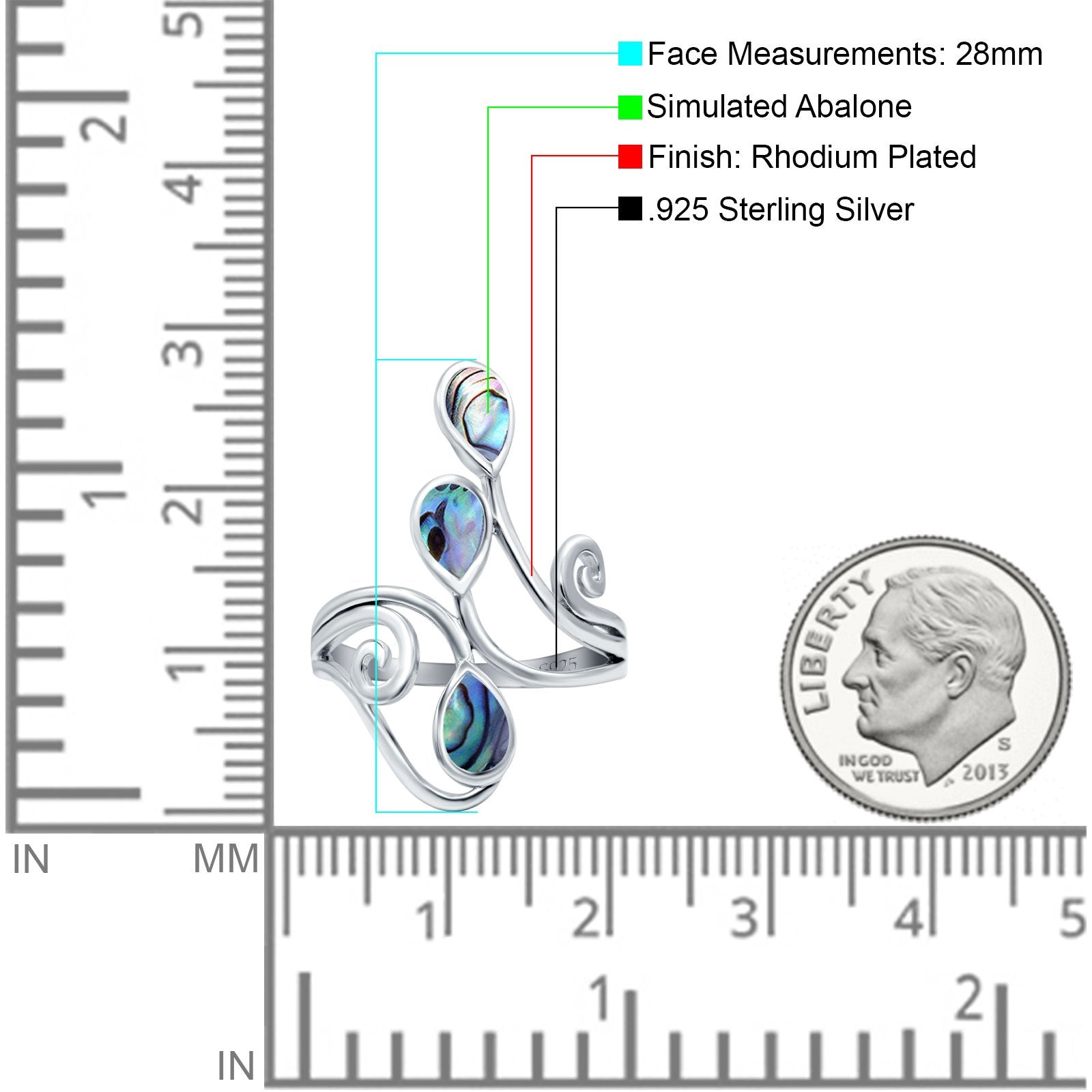 Fashion Teardrop Pear Swirl Spiral Ring Rhodium Plated Created Opal 925 Sterling Silver