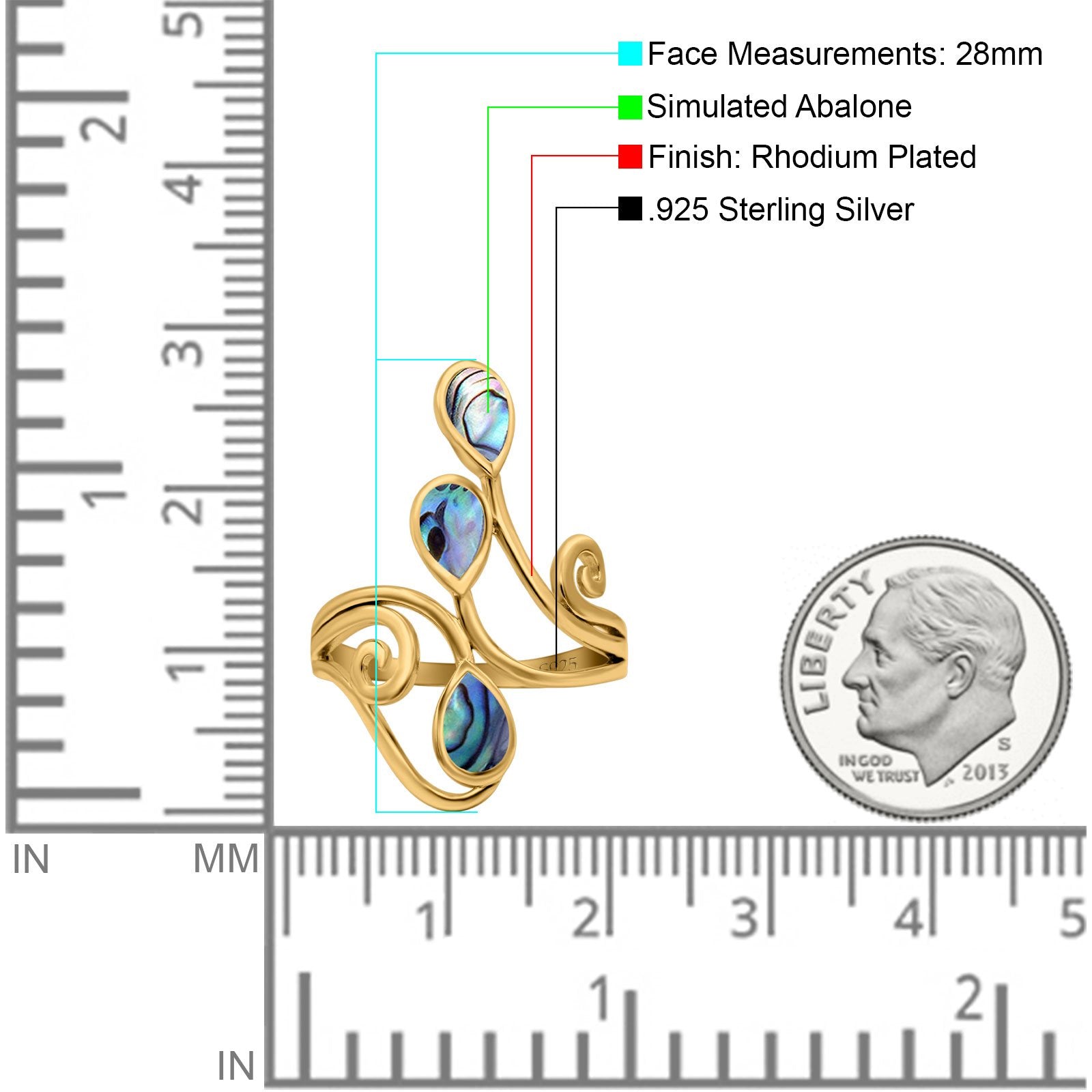 Fashion Teardrop Pear Swirl Spiral Ring Rhodium Plated Created Opal 925 Sterling Silver