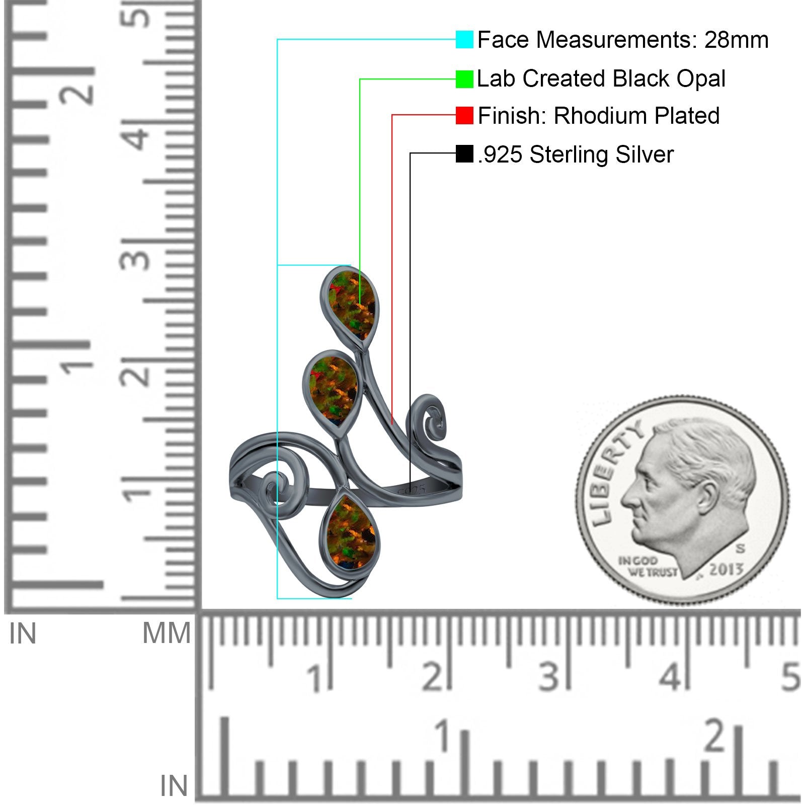 Fashion Teardrop Pear Swirl Spiral Ring Rhodium Plated Created Opal 925 Sterling Silver