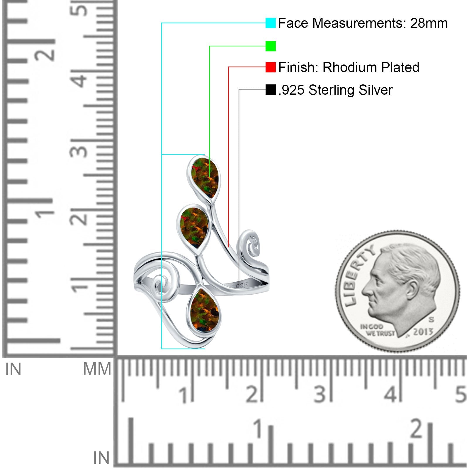 Fashion Teardrop Pear Swirl Spiral Ring Rhodium Plated Created Opal 925 Sterling Silver