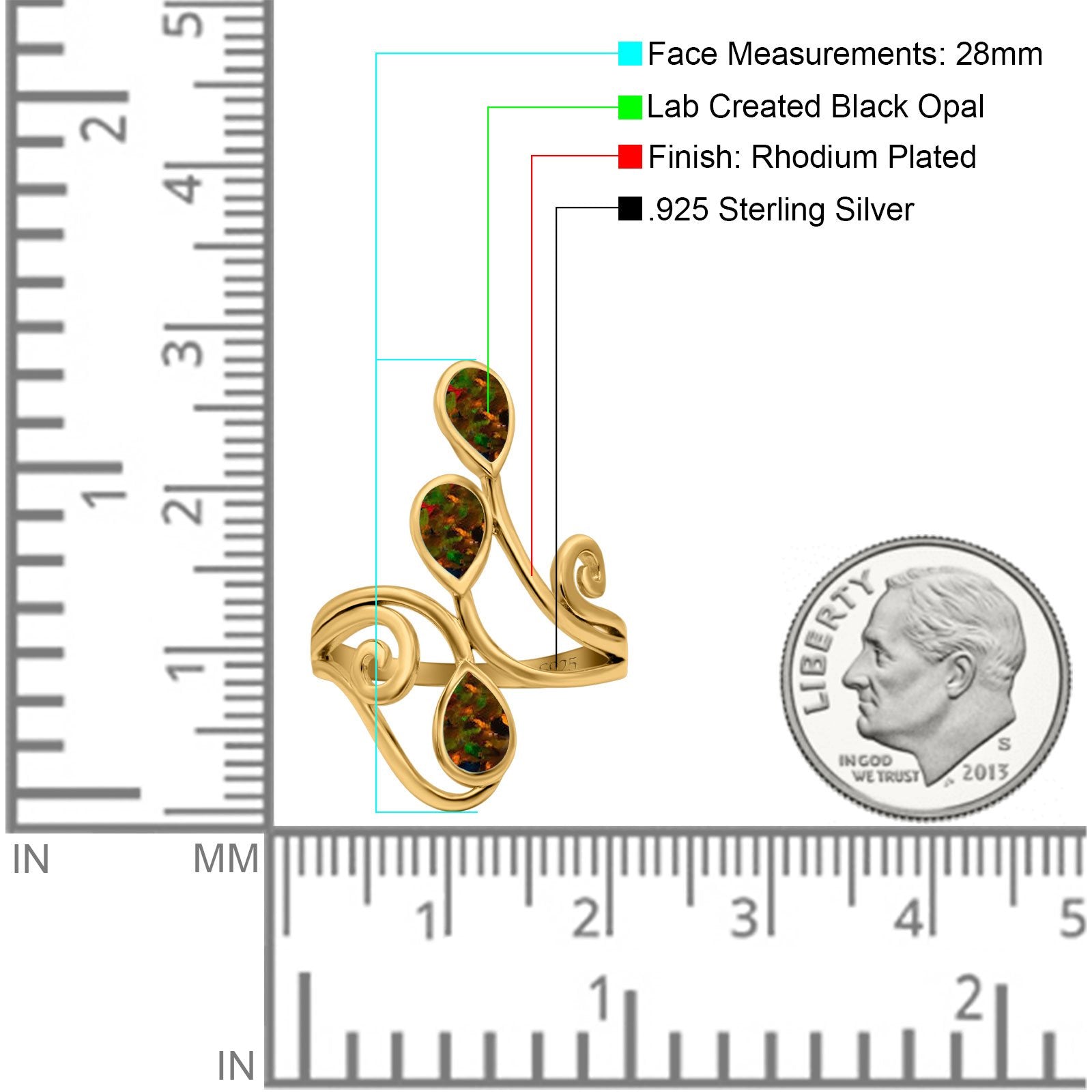 Fashion Teardrop Pear Swirl Spiral Ring Rhodium Plated Created Opal 925 Sterling Silver