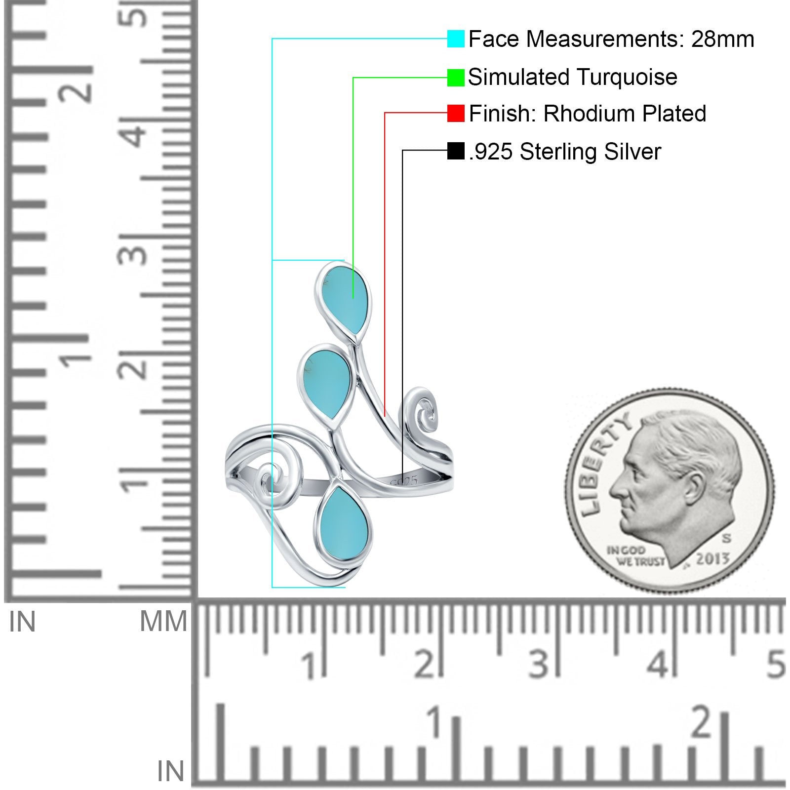 Fashion Teardrop Pear Swirl Spiral Ring Rhodium Plated Created Opal 925 Sterling Silver
