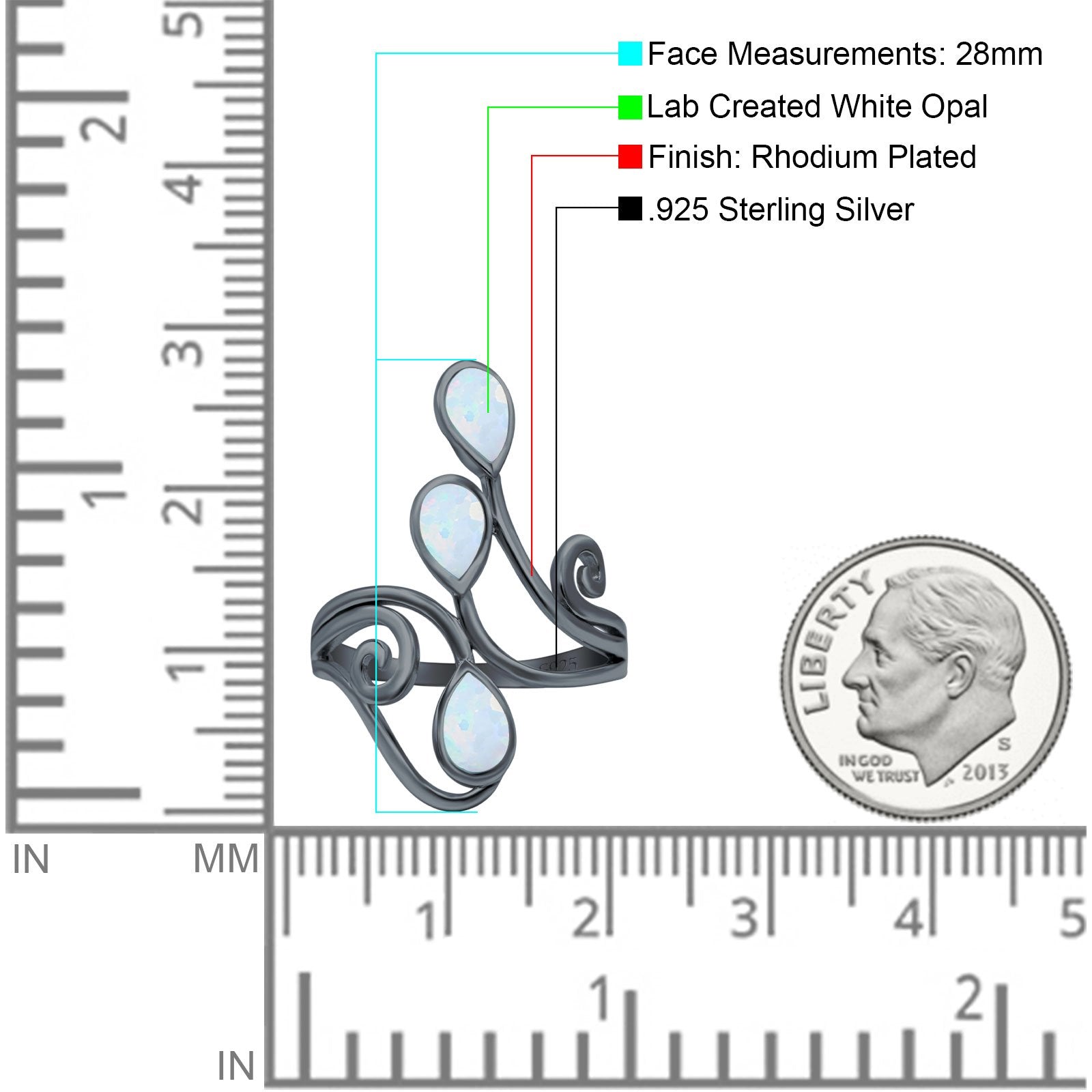 Fashion Teardrop Pear Swirl Spiral Ring Rhodium Plated Created Opal 925 Sterling Silver