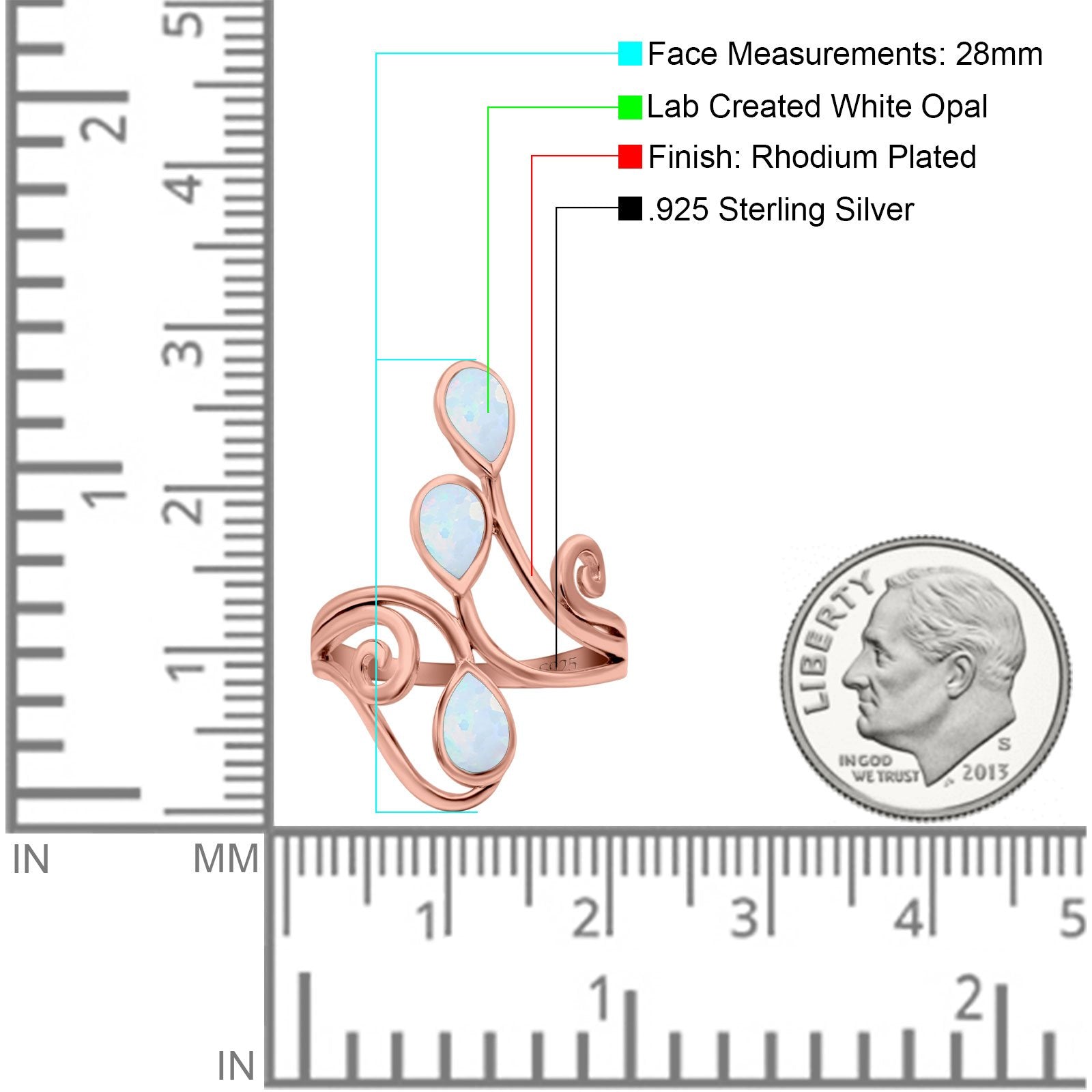 Fashion Teardrop Pear Swirl Spiral Ring Rhodium Plated Created Opal 925 Sterling Silver