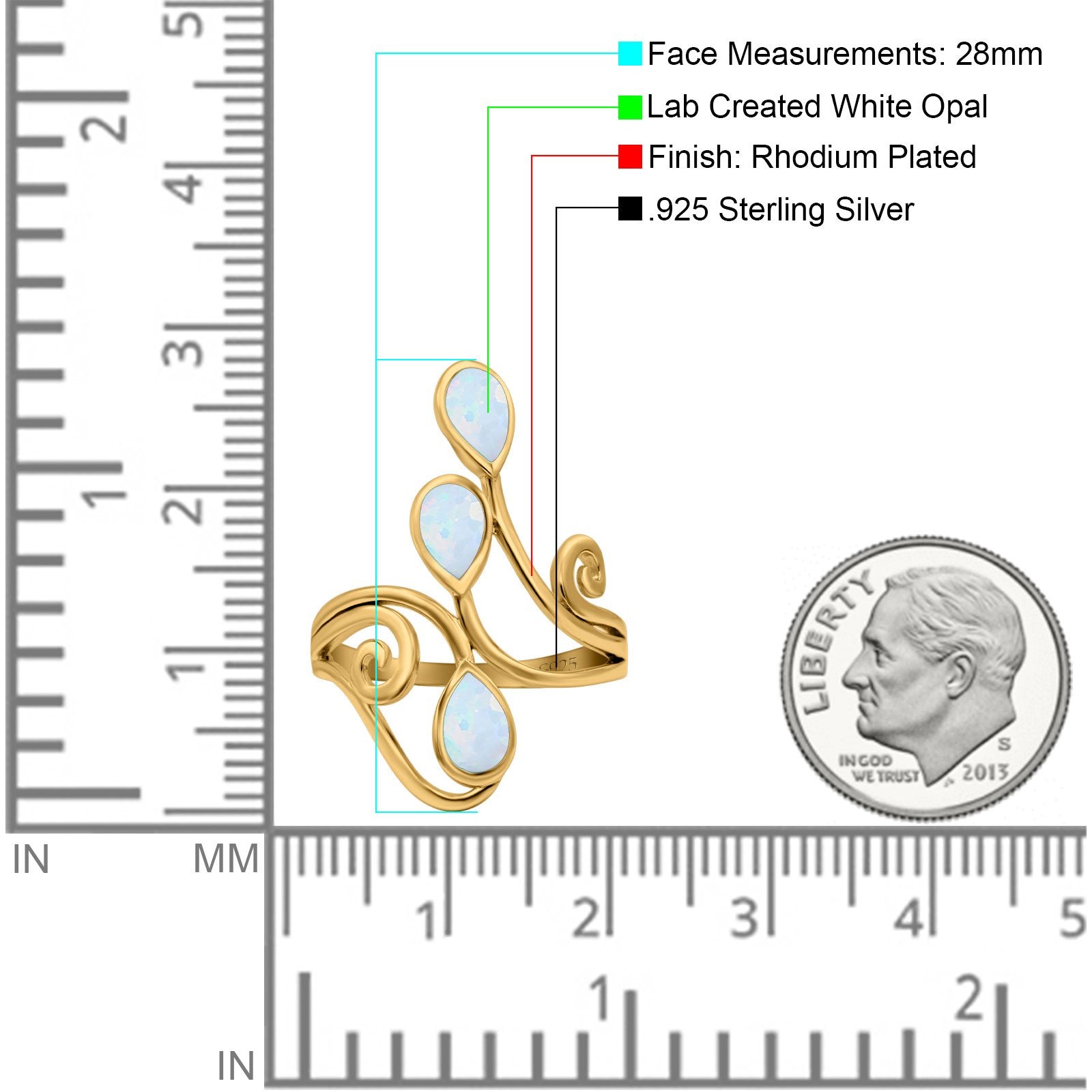 Fashion Teardrop Pear Swirl Spiral Ring Rhodium Plated Created Opal 925 Sterling Silver