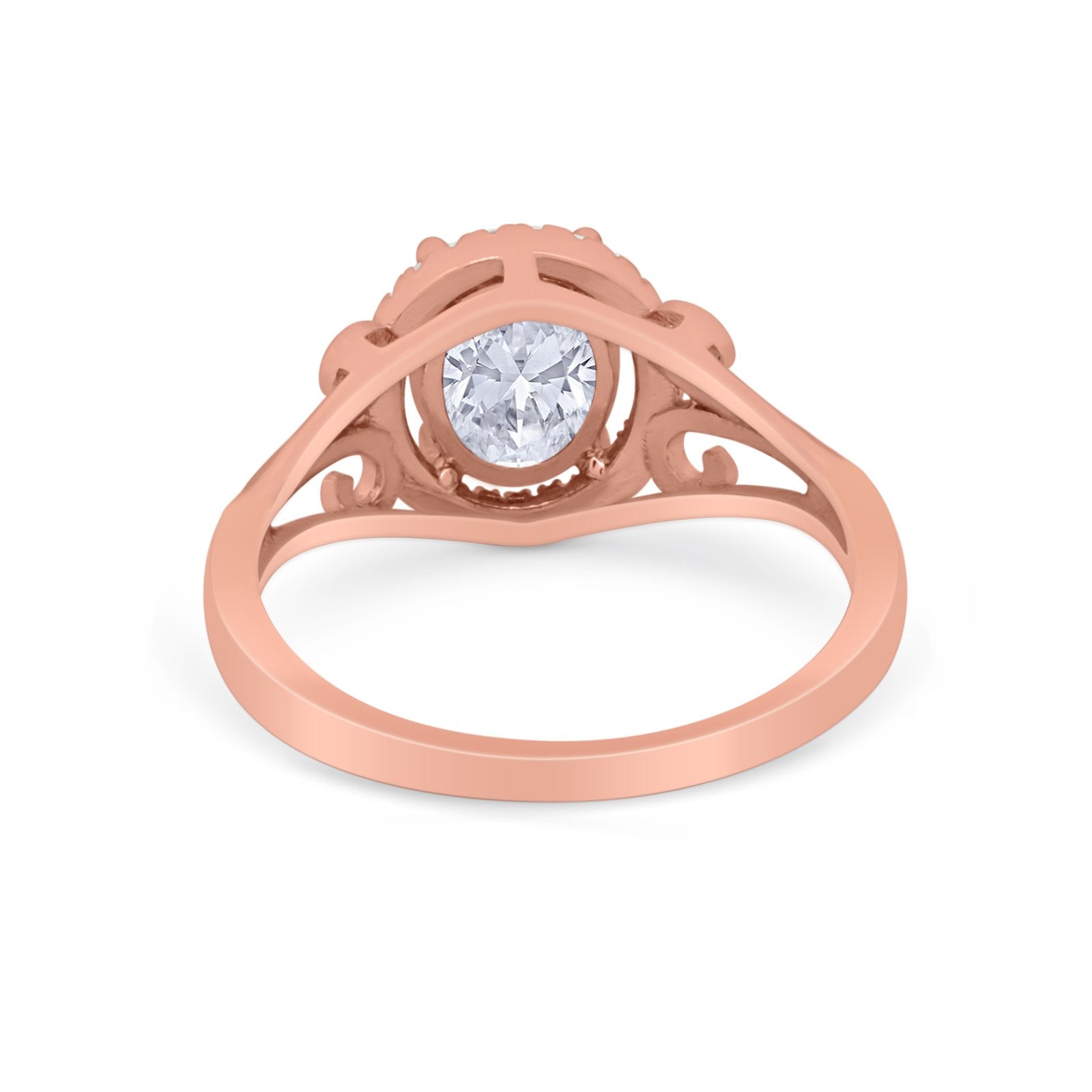 Halo Filigree Oval Wedding Ring Round Simulated Cubic Zirconia 925 Sterling Silver
