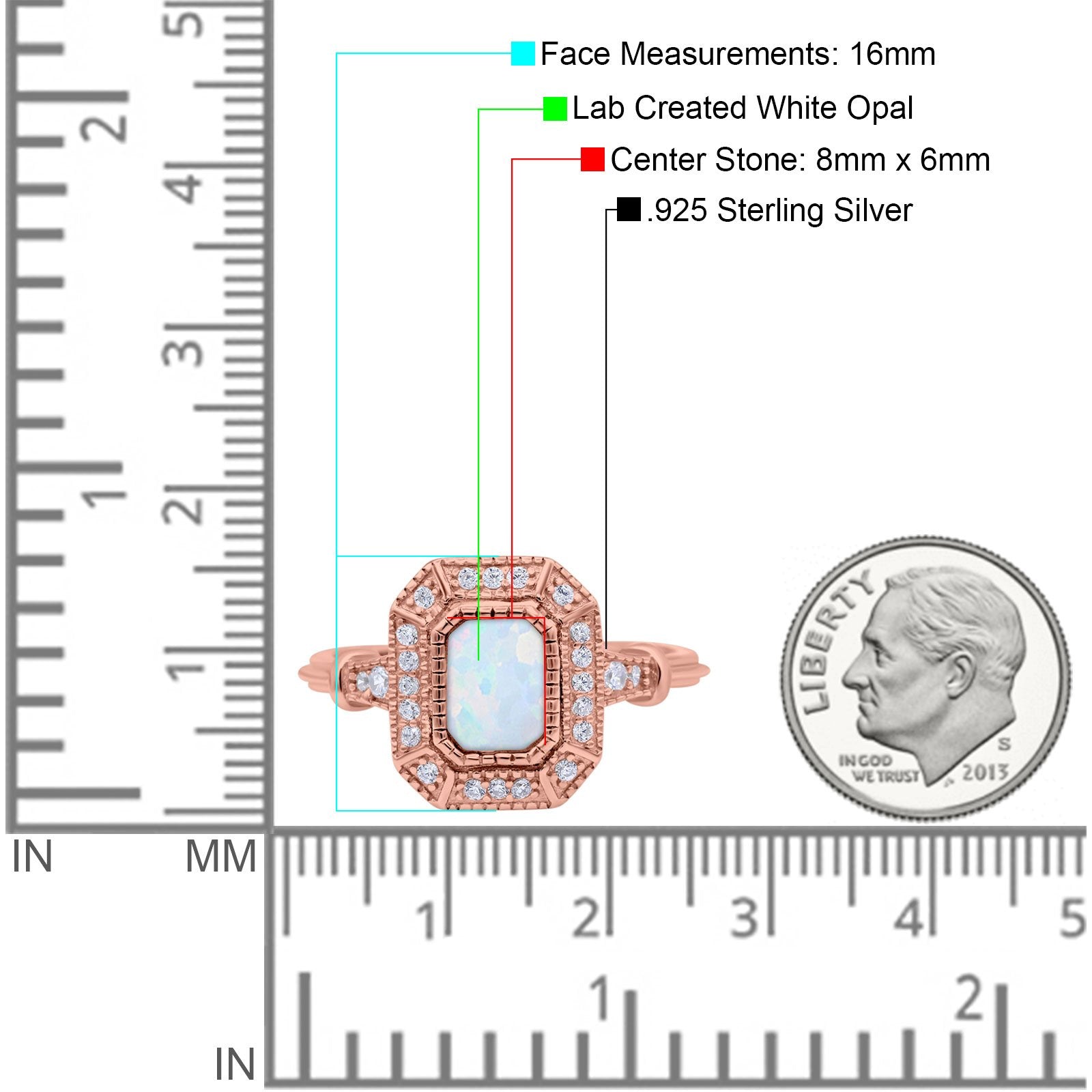 Radiant Cut Wedding Engagement Bridal Ring Lab Created Opal Round Simulated Cubic Zirconia 925 Sterling Silver