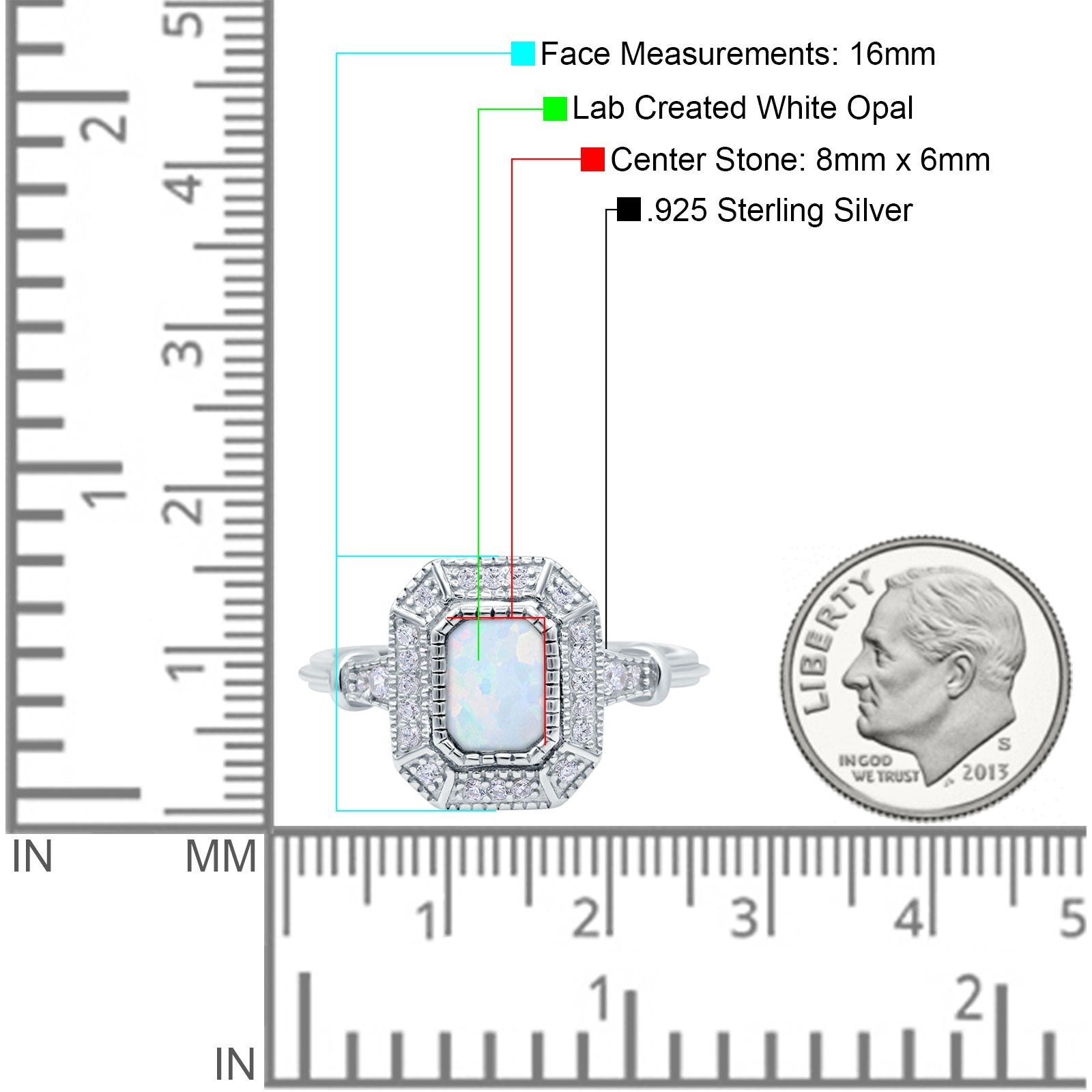 Radiant Cut Wedding Engagement Bridal Ring Lab Created Opal Round Simulated Cubic Zirconia 925 Sterling Silver
