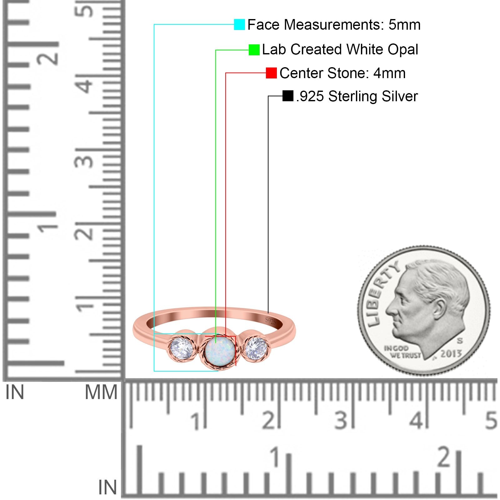 3 Ston Fashion Ring Lab Created White Opal Round Simulated Cubic Zirconia 925 Sterling Silver