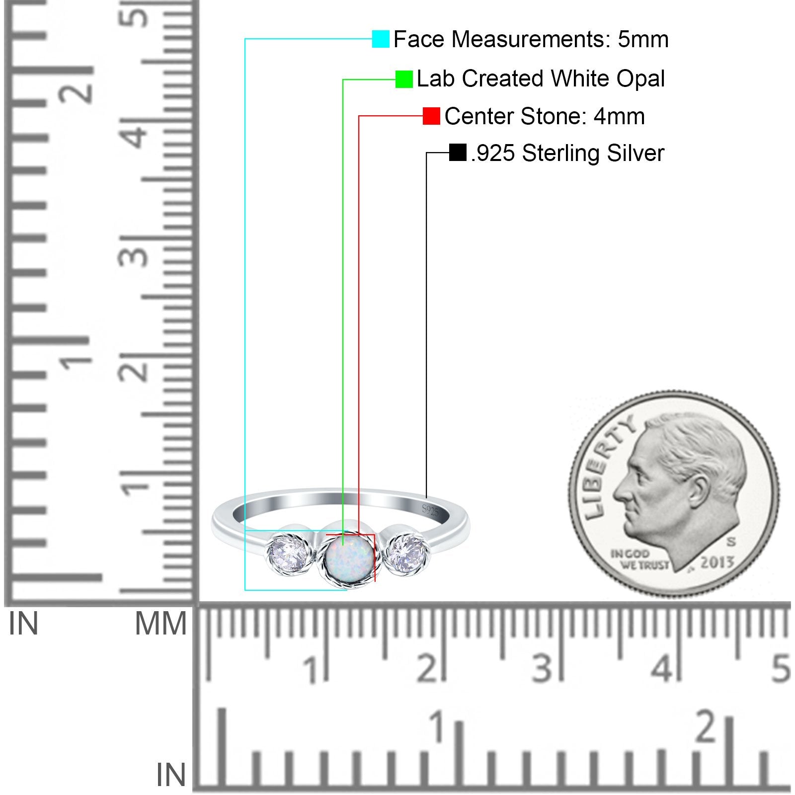 3 Ston Fashion Ring Lab Created White Opal Round Simulated Cubic Zirconia 925 Sterling Silver