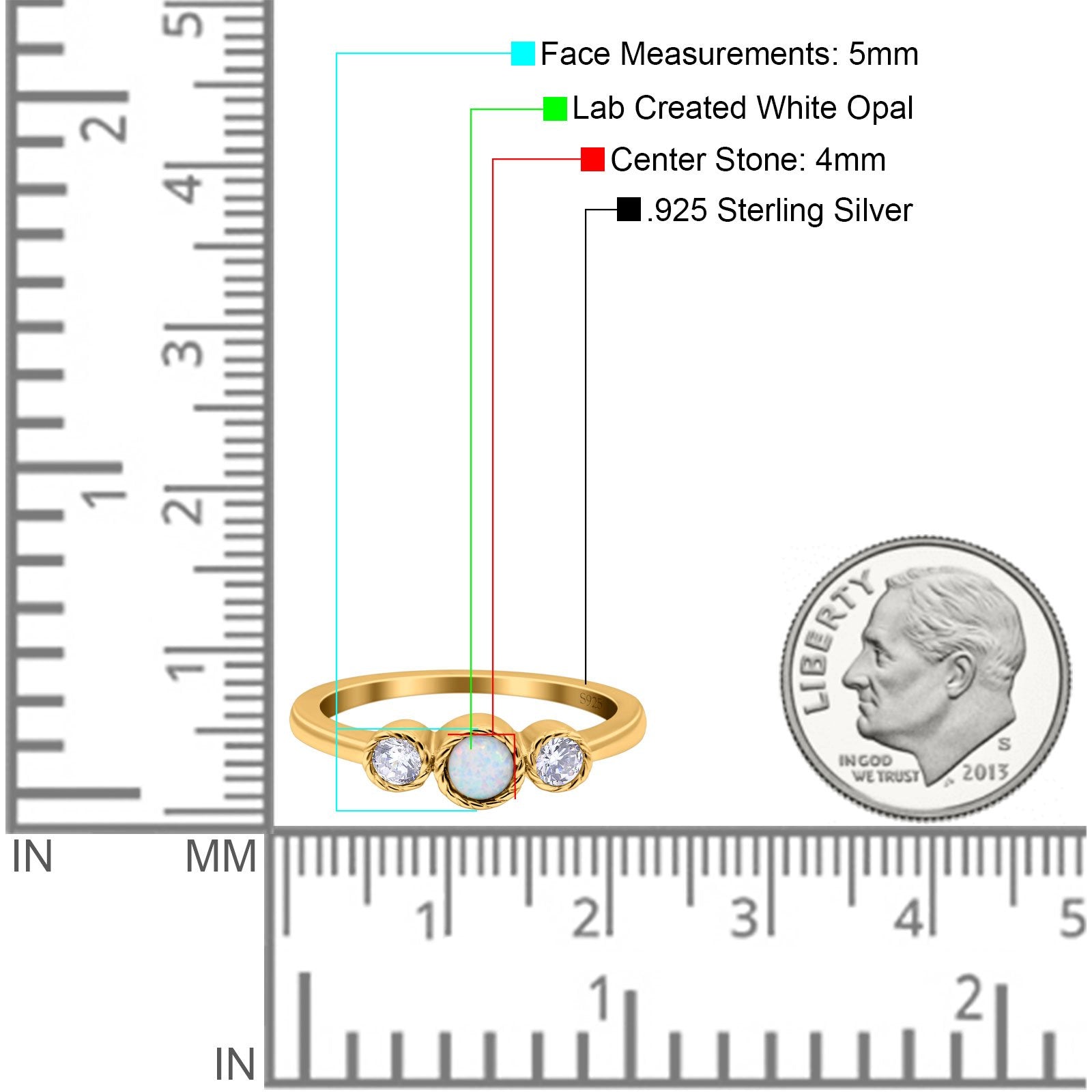 3 Ston Fashion Ring Lab Created White Opal Round Simulated Cubic Zirconia 925 Sterling Silver