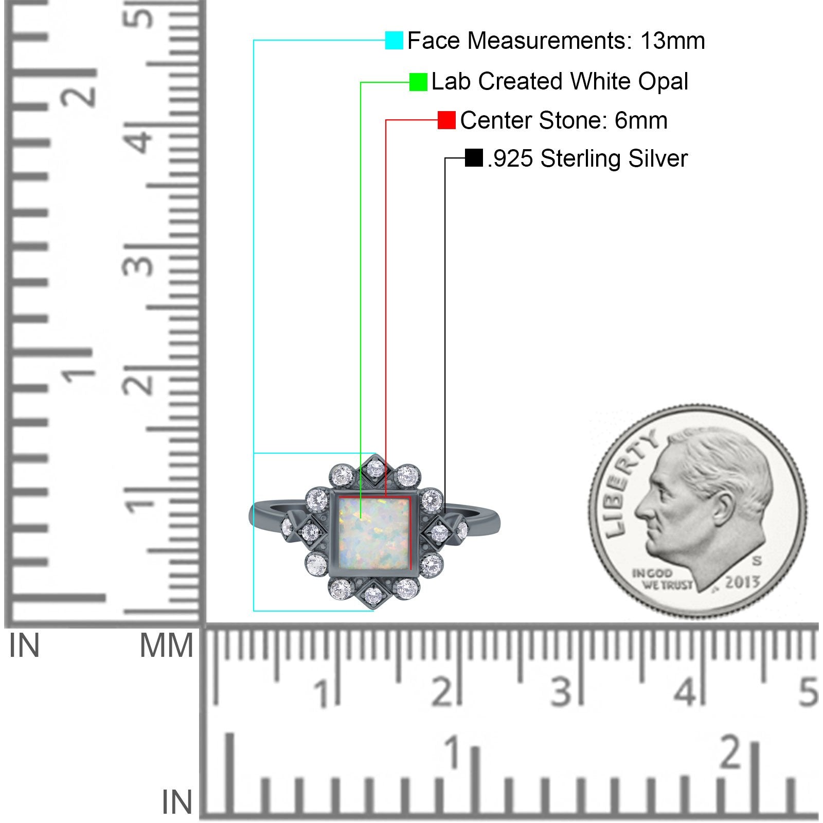 Halo Princess Wedding Engagement Ring Lab Created White Opal Round Simulated Cubic Zirconia 925 Sterling Silver