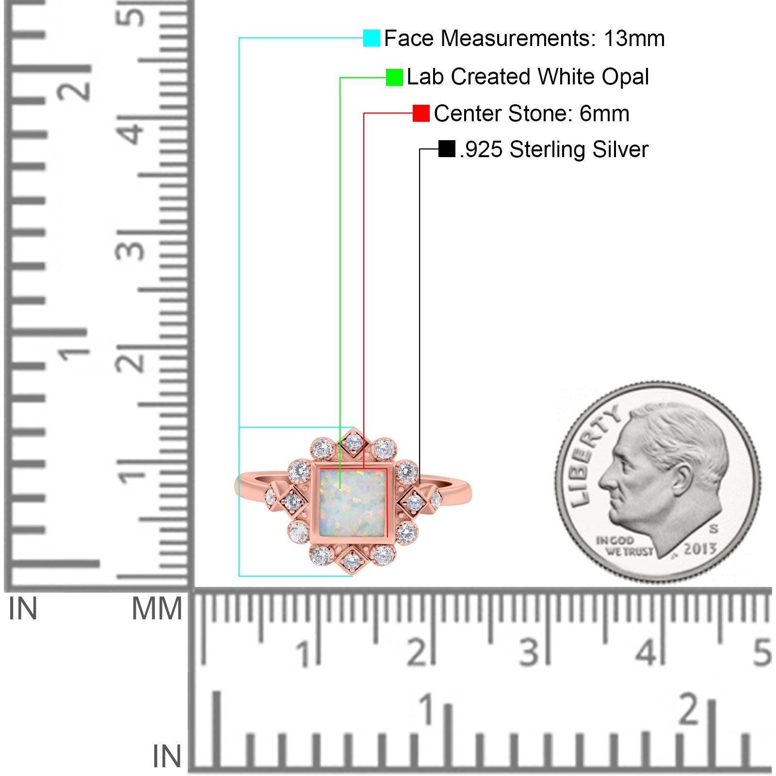 Halo Princess Wedding Engagement Ring Lab Created White Opal Round Simulated Cubic Zirconia 925 Sterling Silver