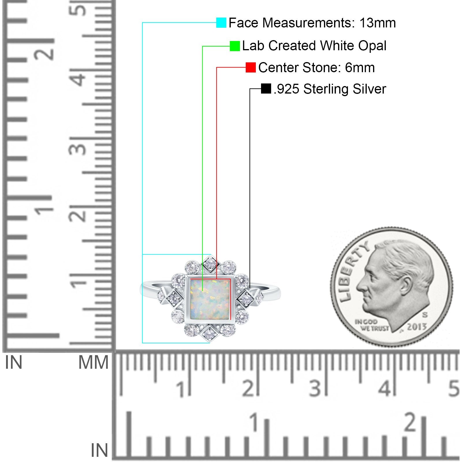 Halo Princess Wedding Engagement Ring Lab Created White Opal Round Simulated Cubic Zirconia 925 Sterling Silver