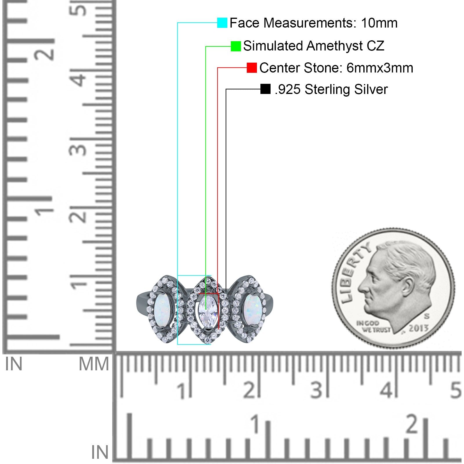 Halo Marquise Art Deco Three Stone Wedding Bridal Ring Created White Opal Round Simulated Cubic Zirconia 925 Sterling Silver