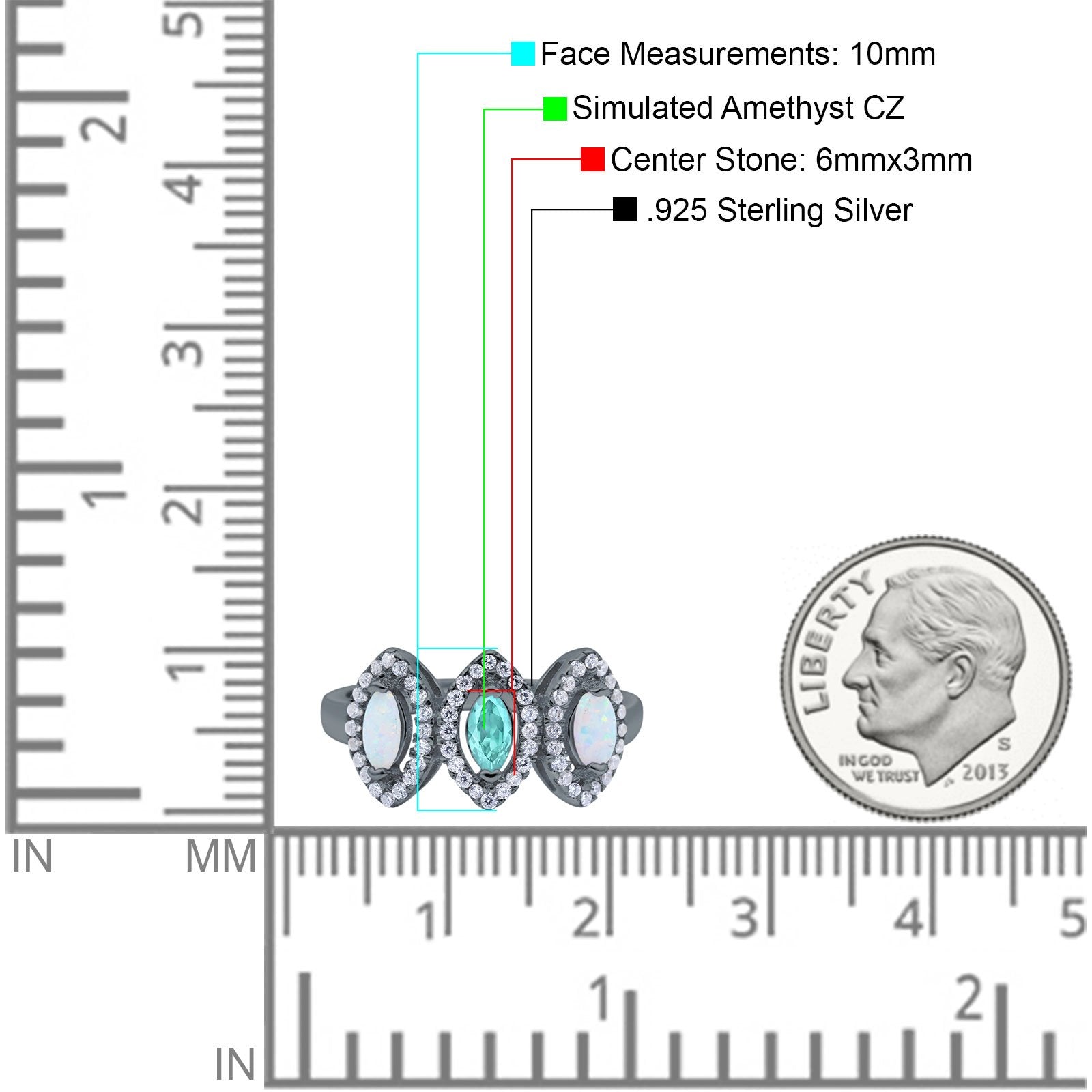 Halo Marquise Art Deco Three Stone Wedding Bridal Ring Created White Opal Round Simulated Cubic Zirconia 925 Sterling Silver