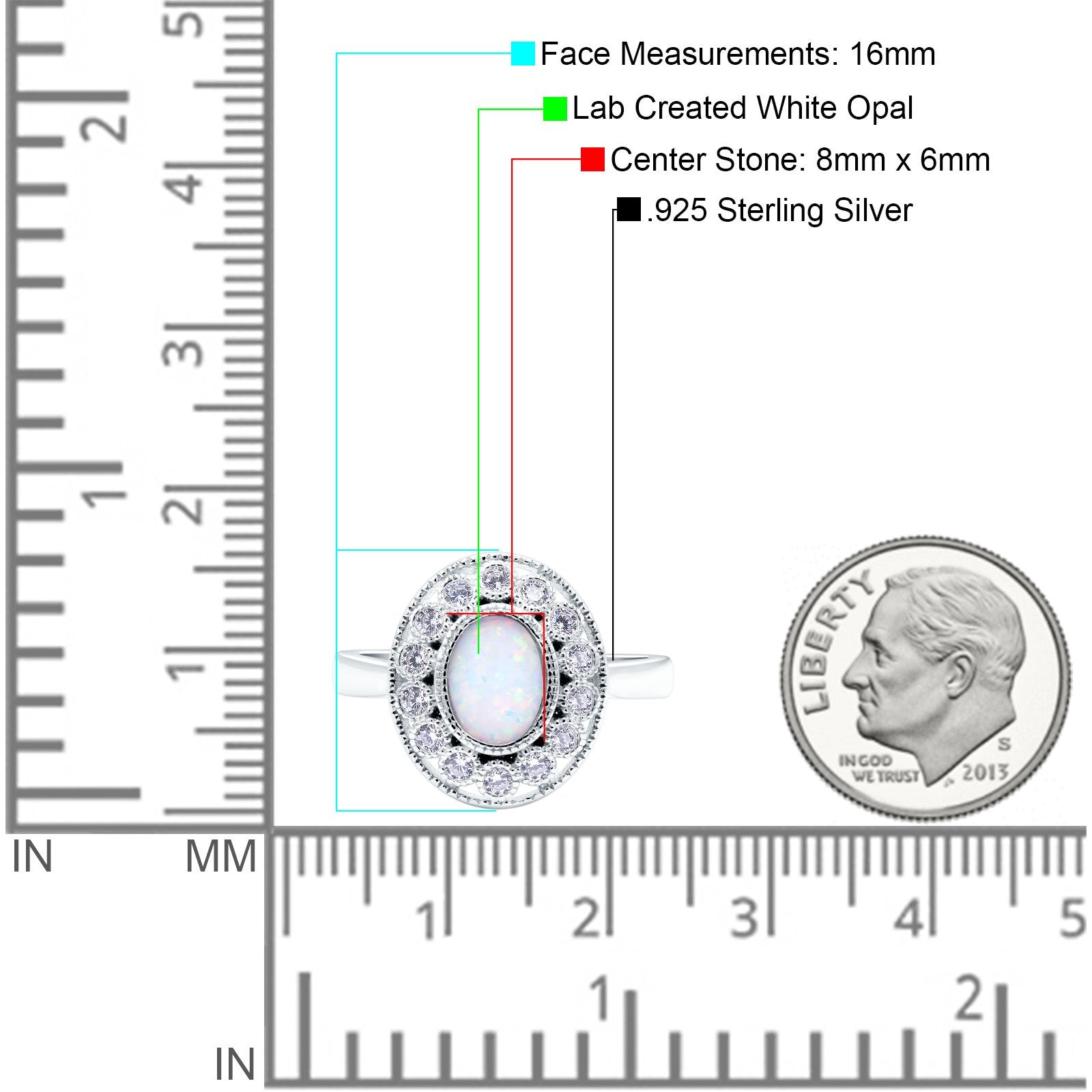Halo Art Deco Wedding Engagement Ring Lab Created White Opal Round Simulated Cubic Zirconia 925 Sterling Silver