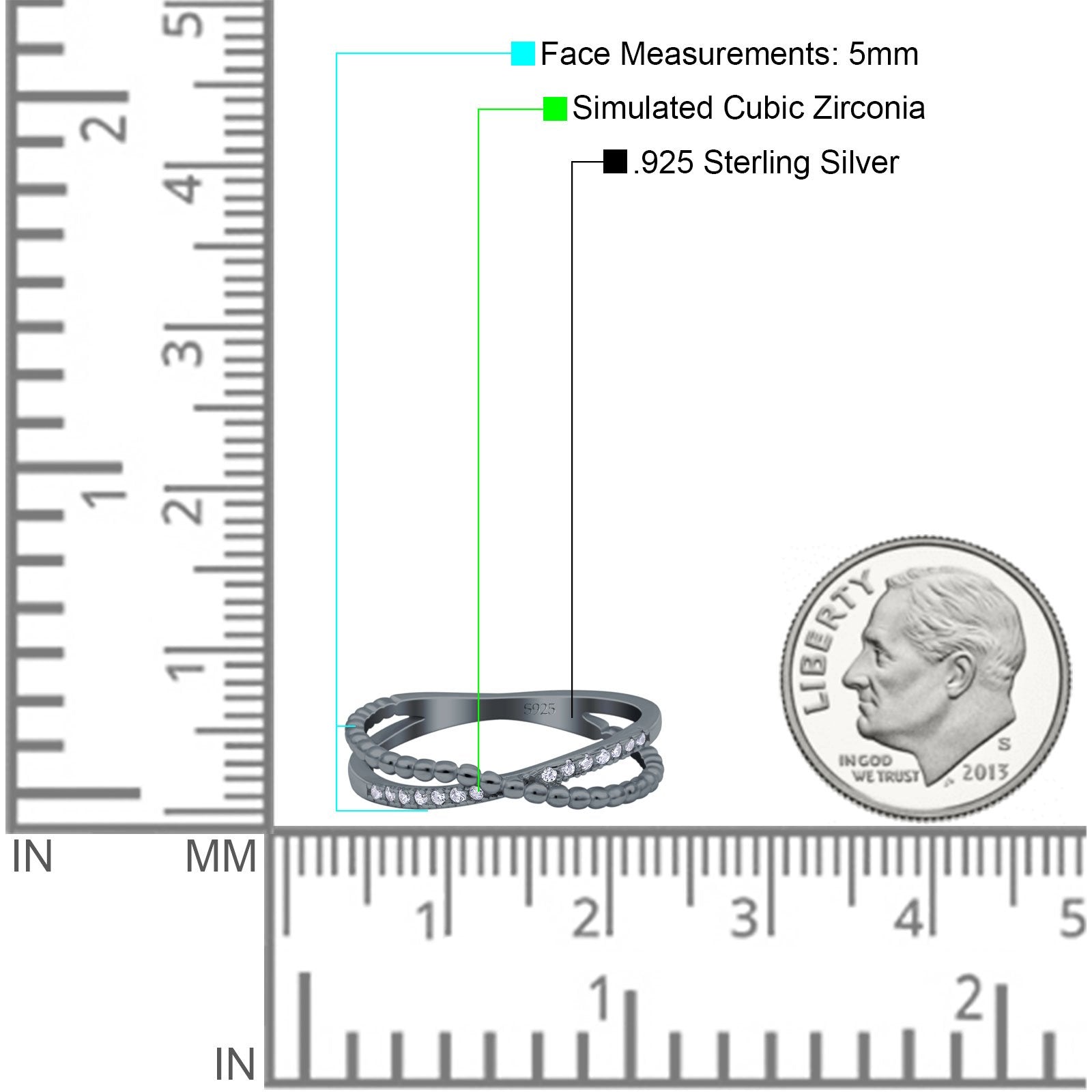 Beaded Criss Cross Wedding Ring Simulated Cubic Zirconia 925 Sterling Silver