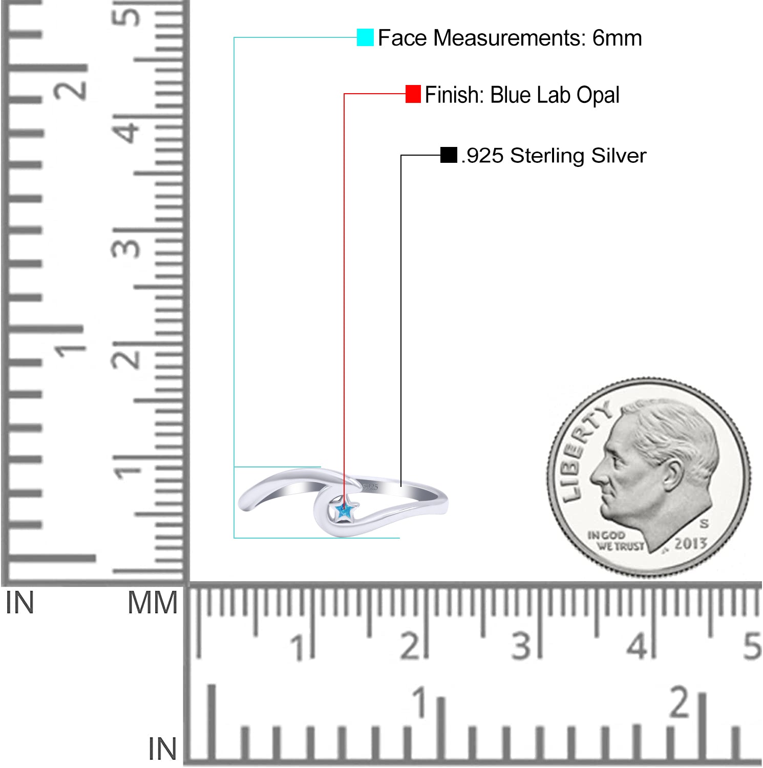 Wave & Star Wedding Engagement Ring Lab Created Opal 925 Sterling Silver