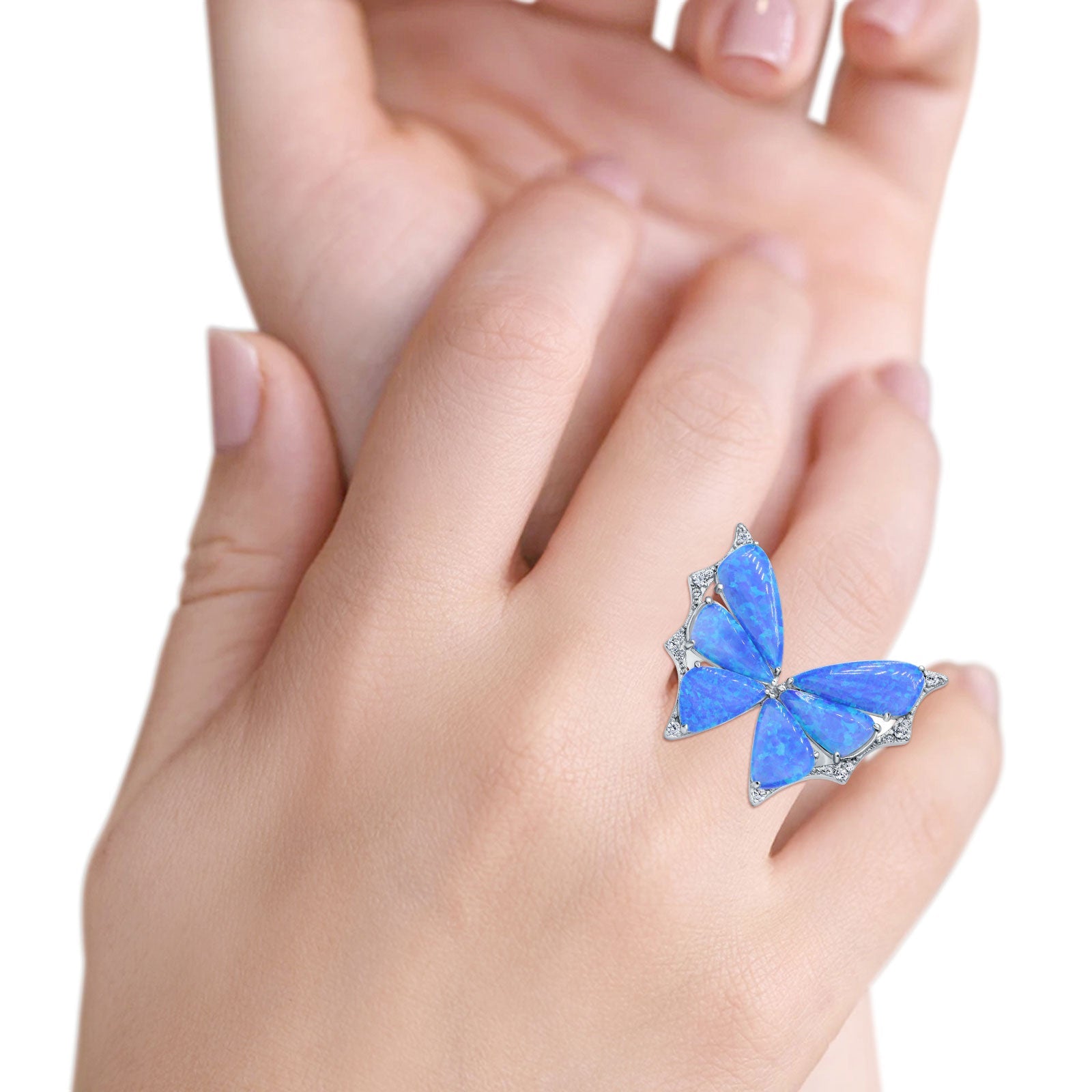 Butterfly Petite Dainty Thumb Ring Lab Created Opal Statement Fashion Ring 925 Sterling Silver