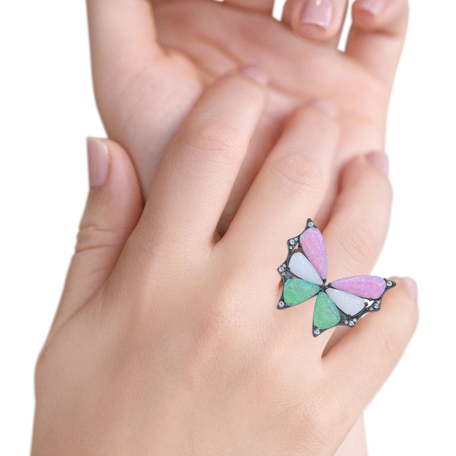 Butterfly Petite Dainty Thumb Ring Lab Created Opal Statement Fashion Ring 925 Sterling Silver