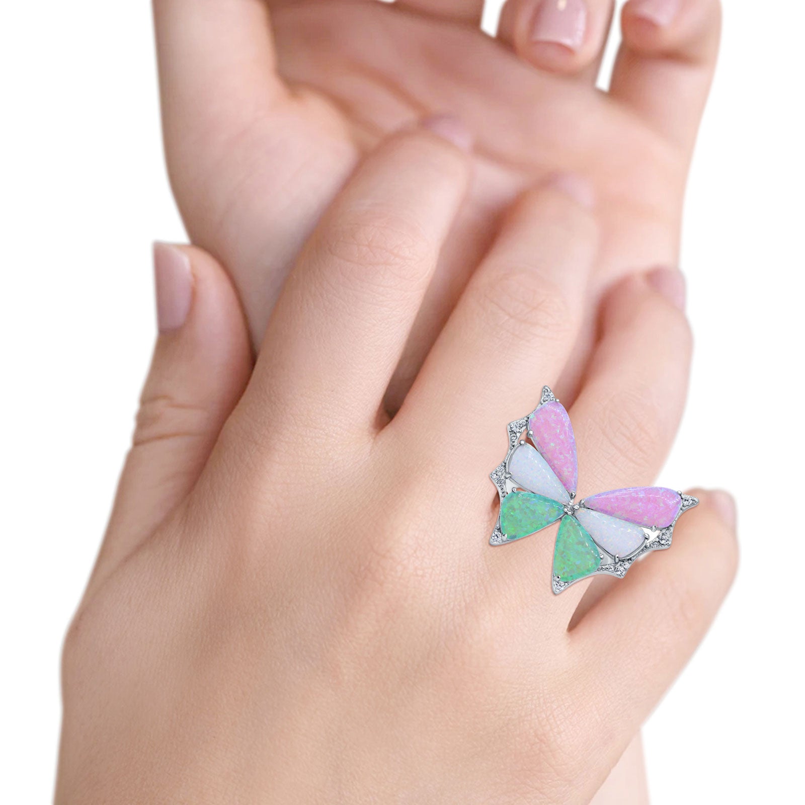 Butterfly Petite Dainty Thumb Ring Lab Created Opal Statement Fashion Ring 925 Sterling Silver
