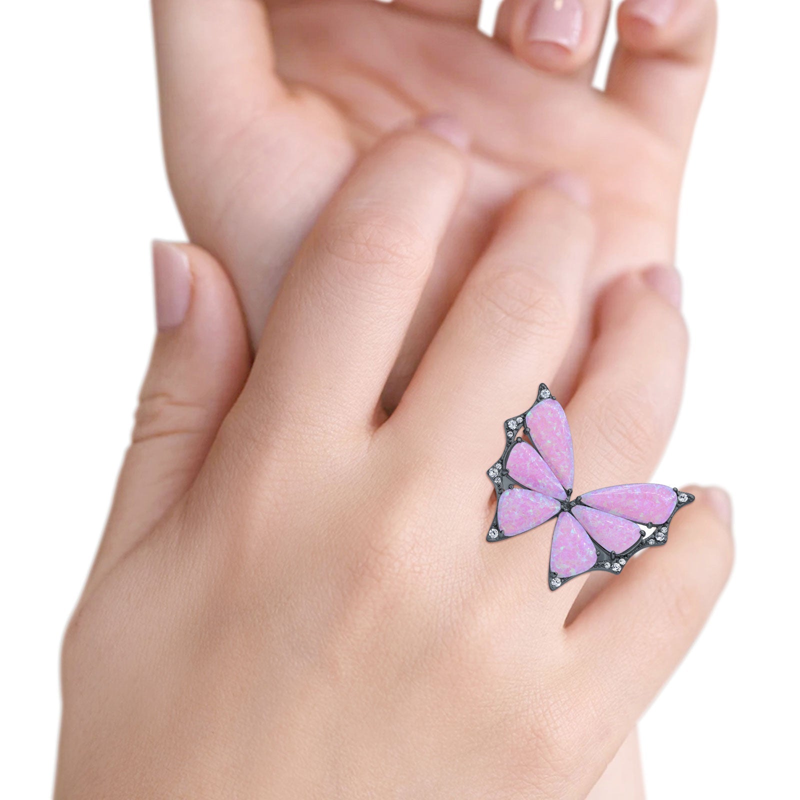 Butterfly Petite Dainty Thumb Ring Lab Created Opal Statement Fashion Ring 925 Sterling Silver