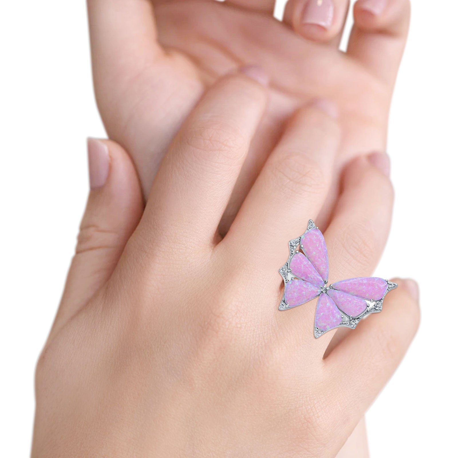 Butterfly Petite Dainty Thumb Ring Lab Created Opal Statement Fashion Ring 925 Sterling Silver