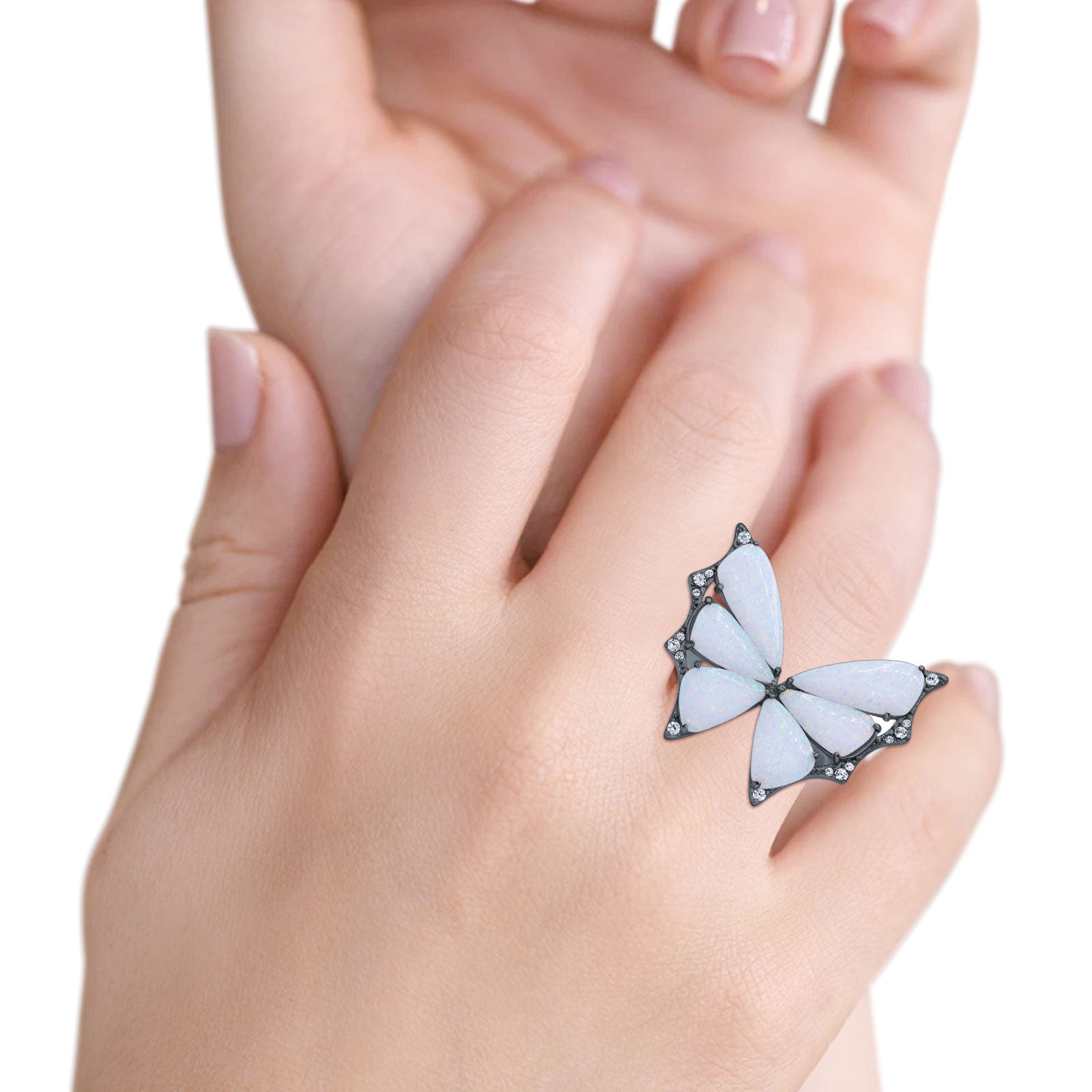 Butterfly Petite Dainty Thumb Ring Lab Created Opal Statement Fashion Ring 925 Sterling Silver