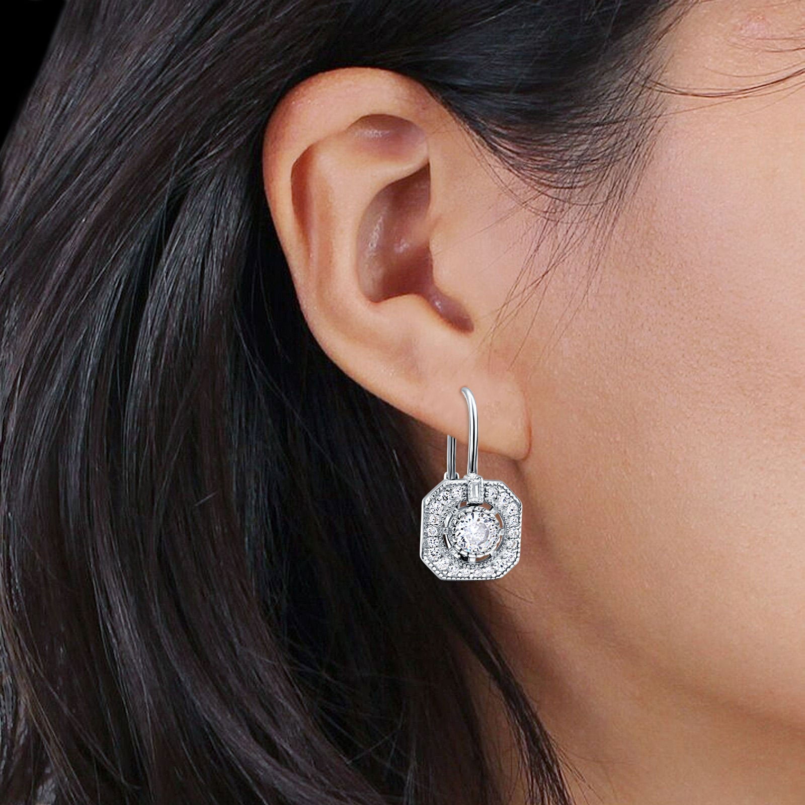 Halo Octagonal Earrings Cubic Zirconia 925 Sterling Silver
