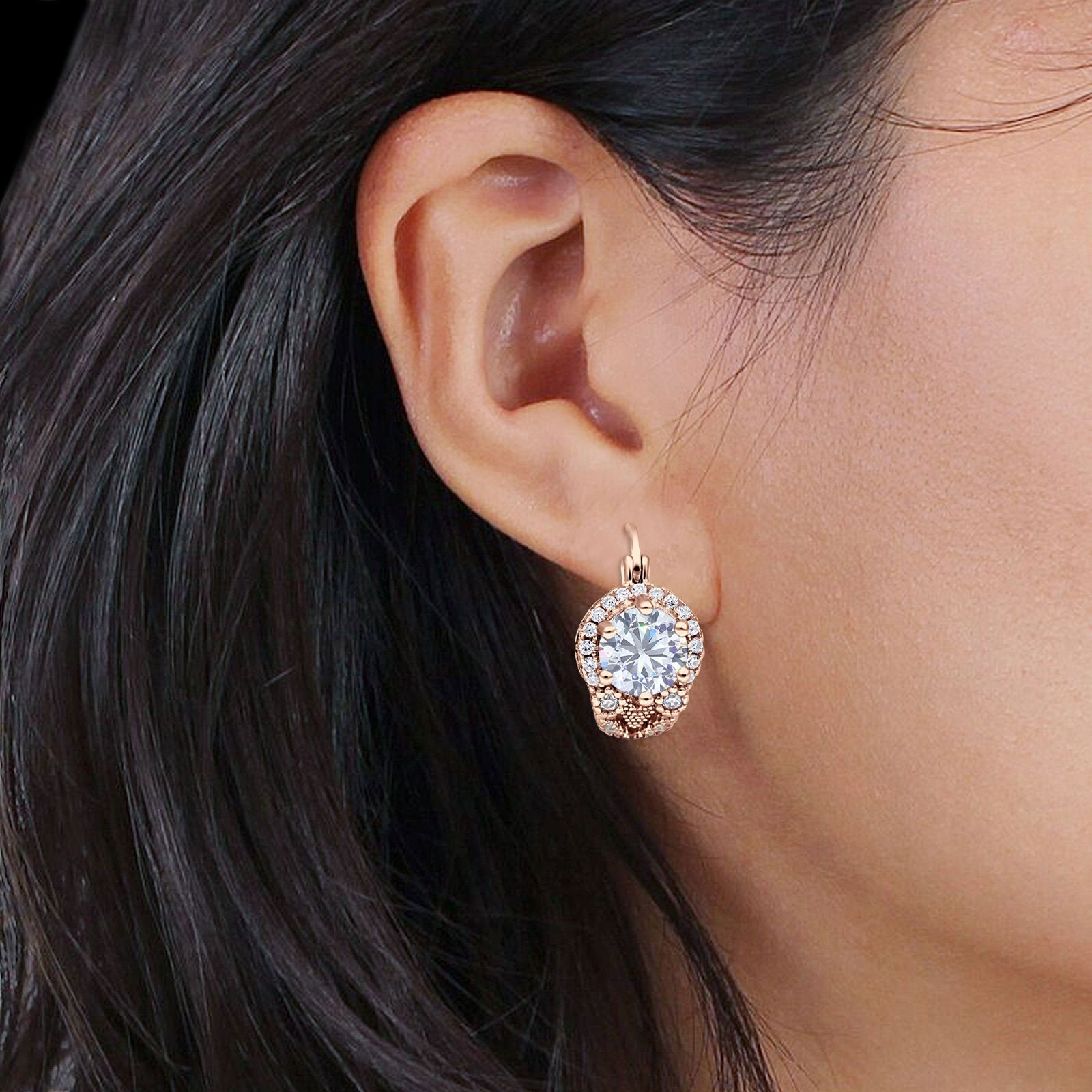 Halo Round Huggie Hoop Earrings Cubic Zirconia 925 Sterling Silver