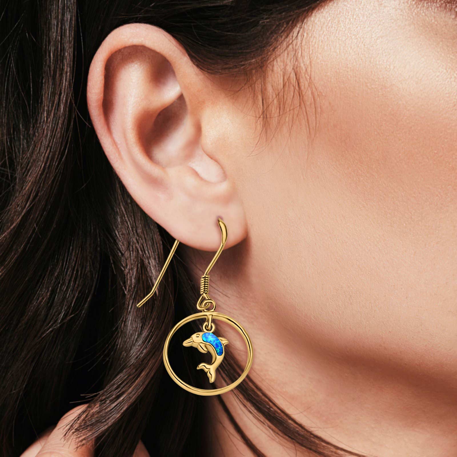 Drop Dangle Dolphin Earrings Created Opal 925 Sterling Silver (22mm)